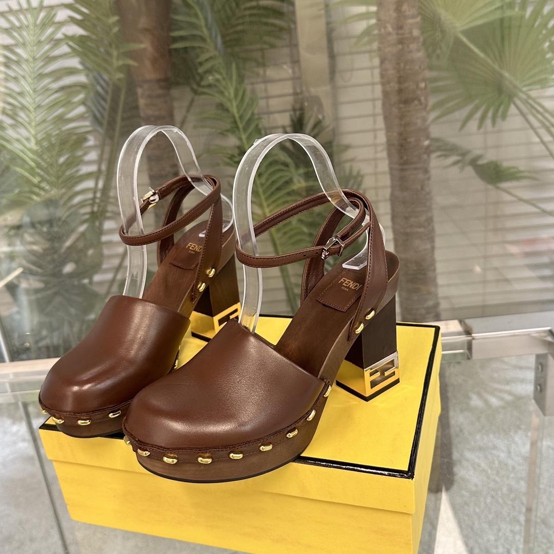 Fendi Baguette Show Brown Leather High-heeled Clogs - PerfectKickZ