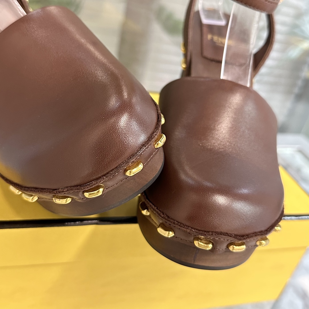 Fendi Baguette Show Brown Leather High-heeled Clogs - PerfectKickZ