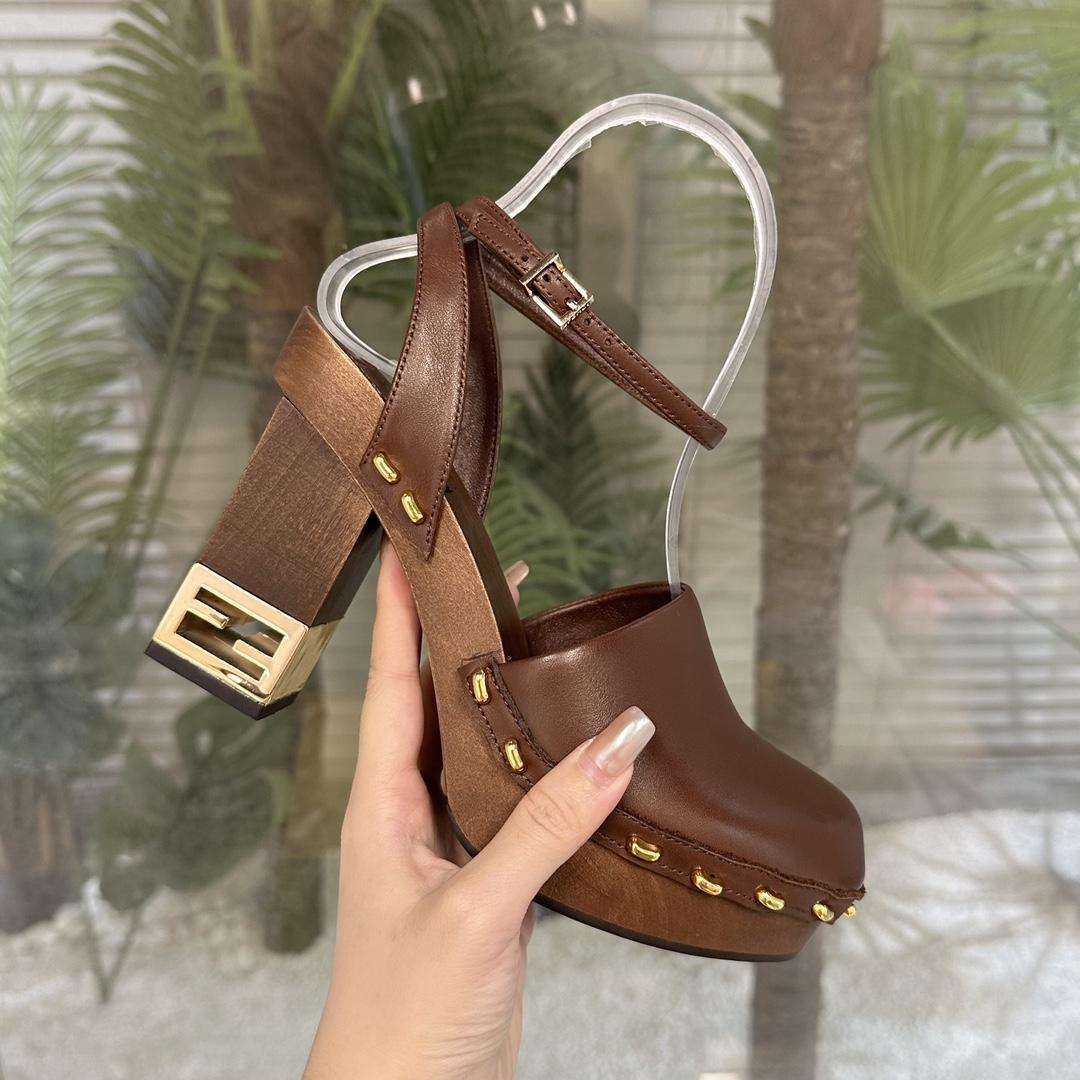 Fendi Baguette Show Brown Leather High-heeled Clogs - PerfectKickZ