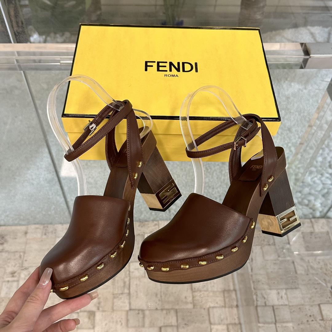 Fendi Baguette Show Brown Leather High-heeled Clogs - PerfectKickZ
