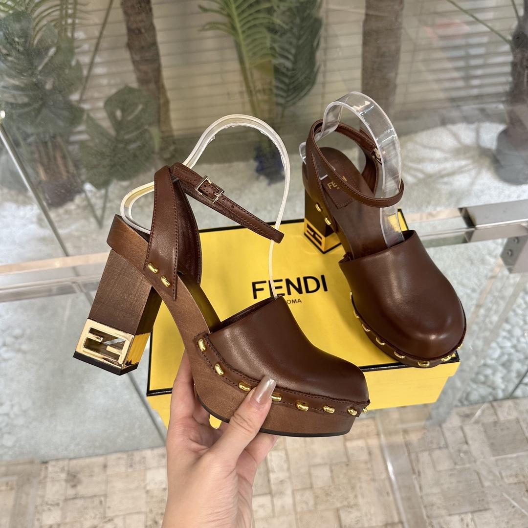 Fendi Baguette Show Brown Leather High-heeled Clogs - PerfectKickZ