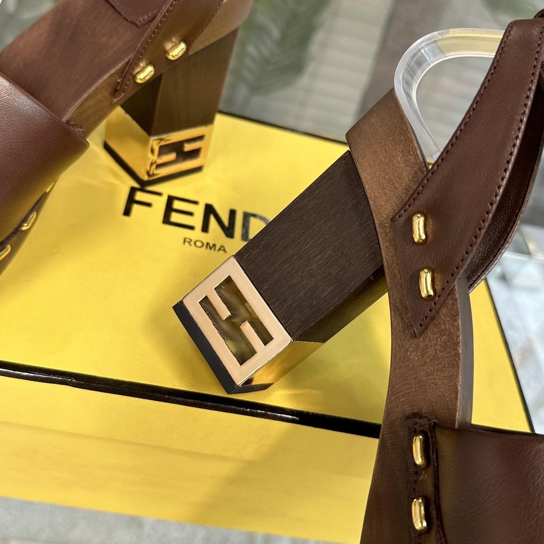 Fendi Baguette Show Brown Leather High-heeled Clogs - PerfectKickZ