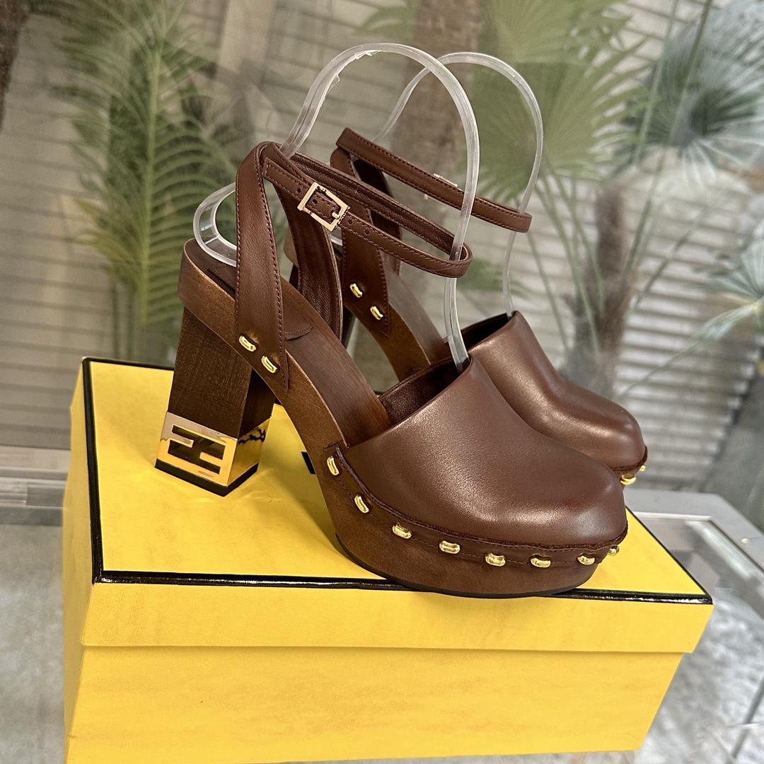 Fendi Baguette Show Brown Leather High-heeled Clogs - PerfectKickZ