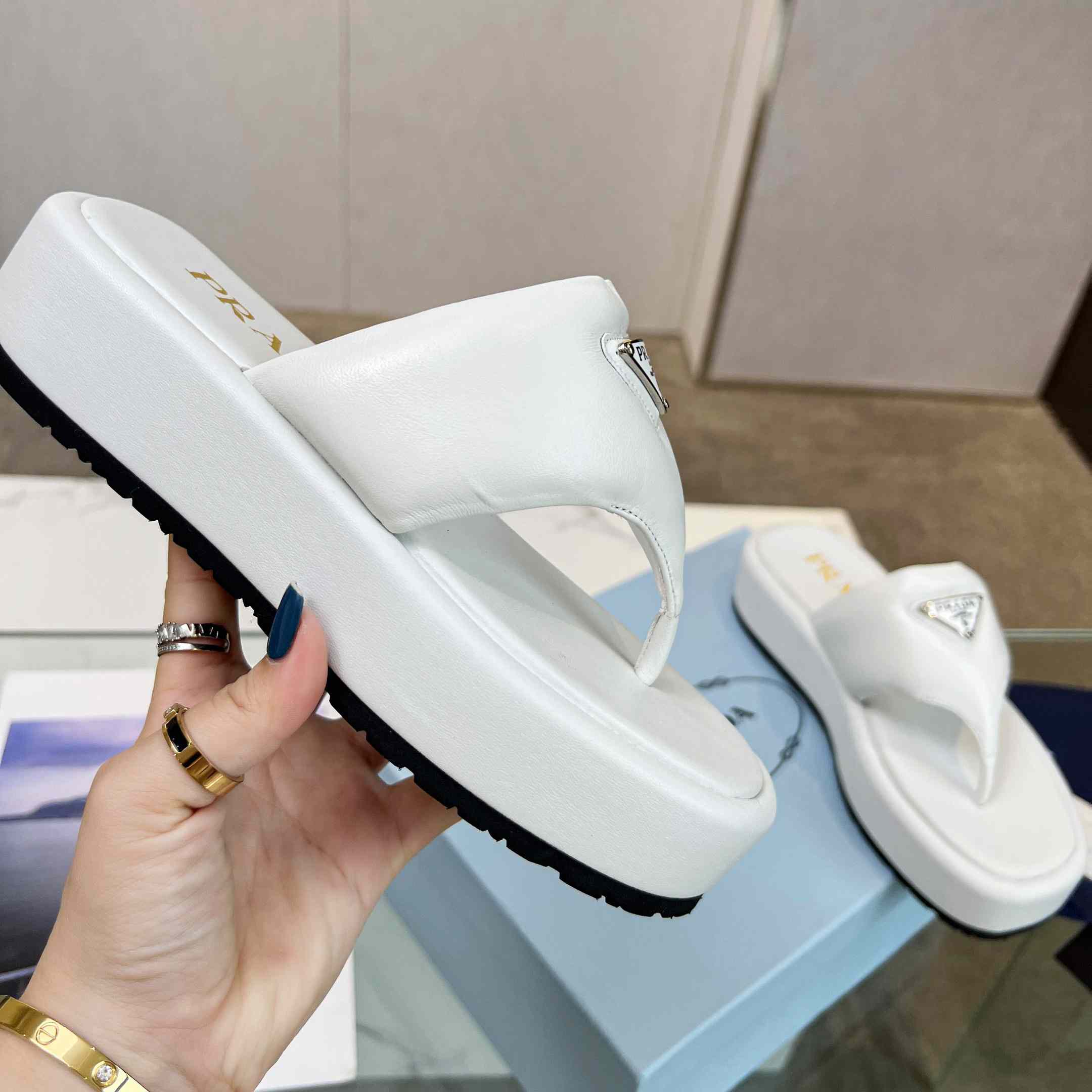 Prada Soft Padded Nappa Leather Thong Wedge Sandals - PerfectKickZ