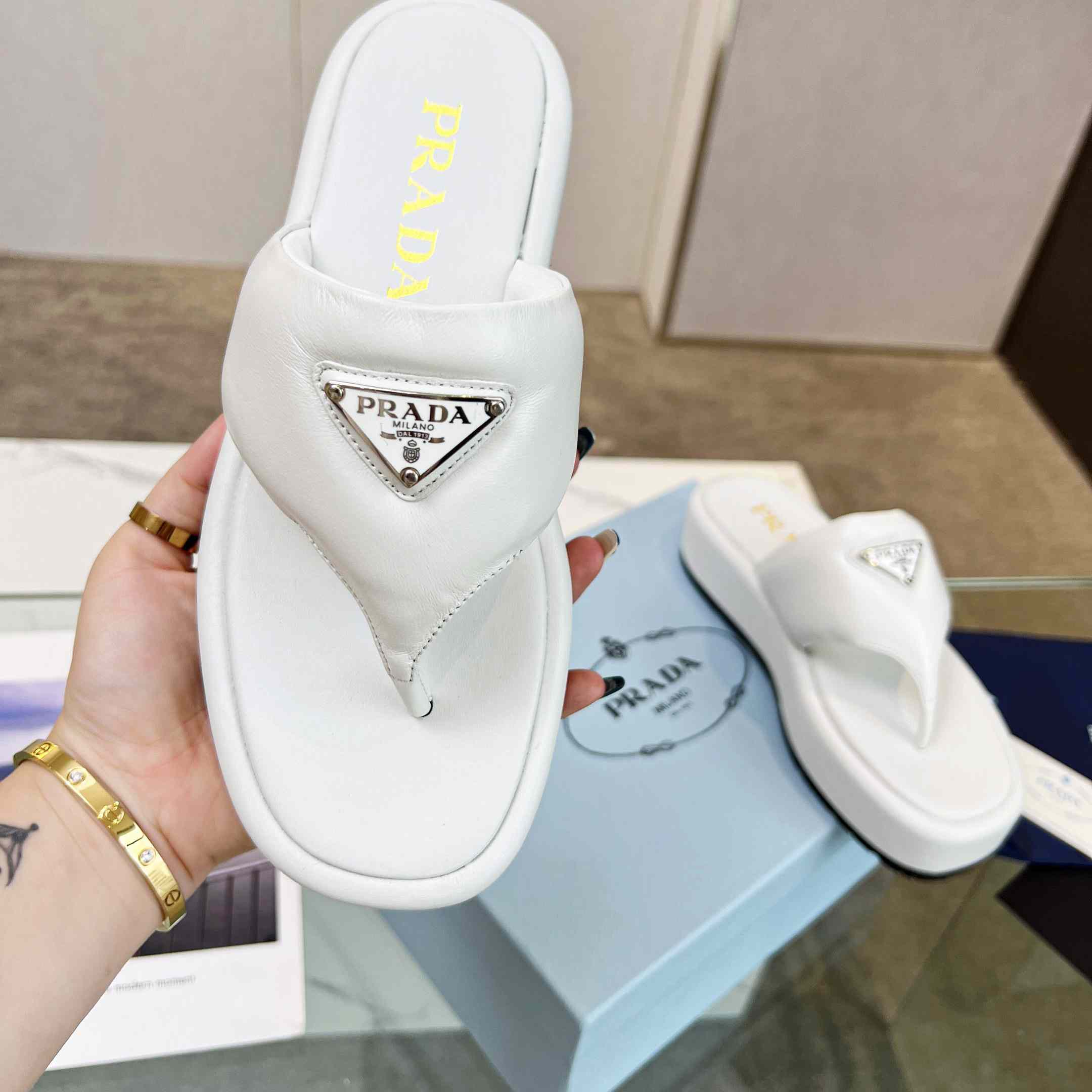 Prada Soft Padded Nappa Leather Thong Wedge Sandals - PerfectKickZ