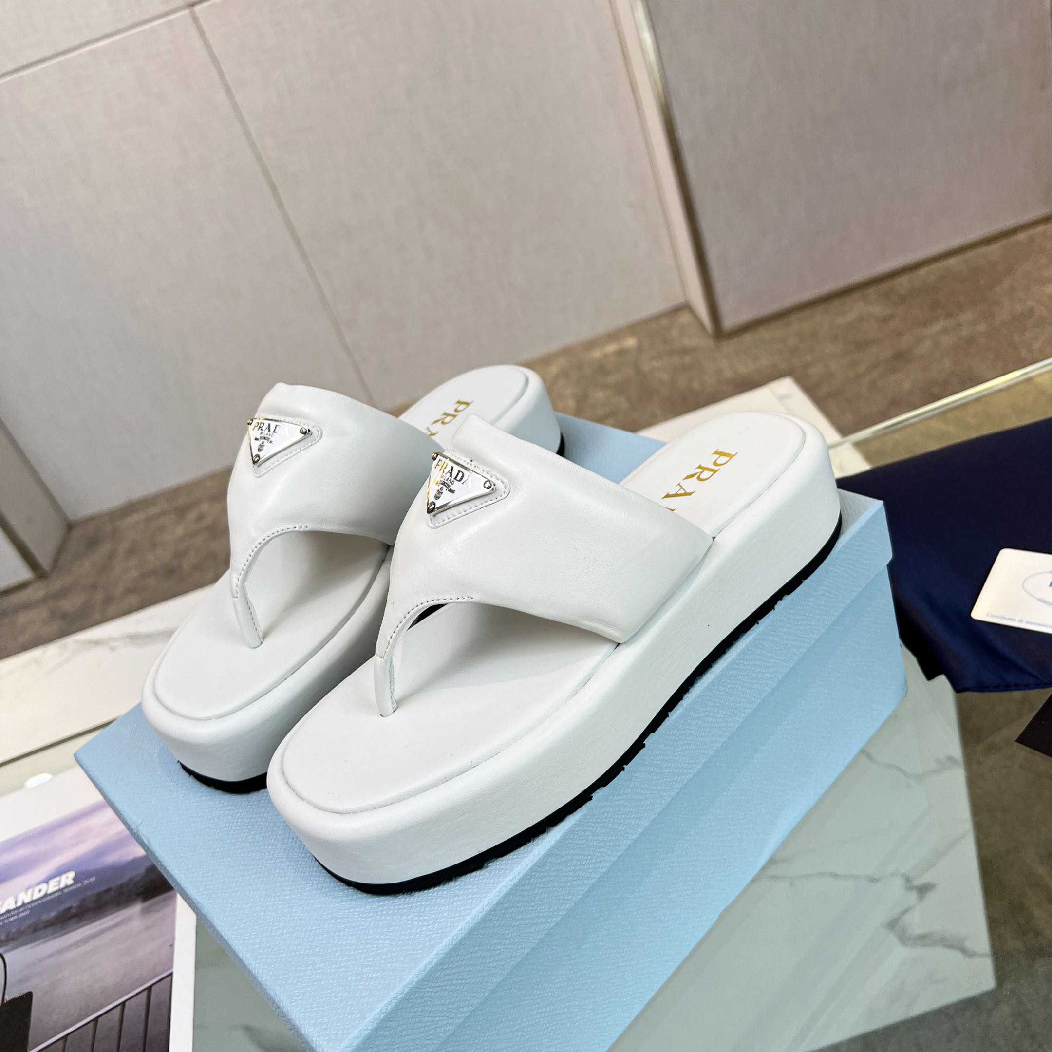 Prada Soft Padded Nappa Leather Thong Wedge Sandals - PerfectKickZ