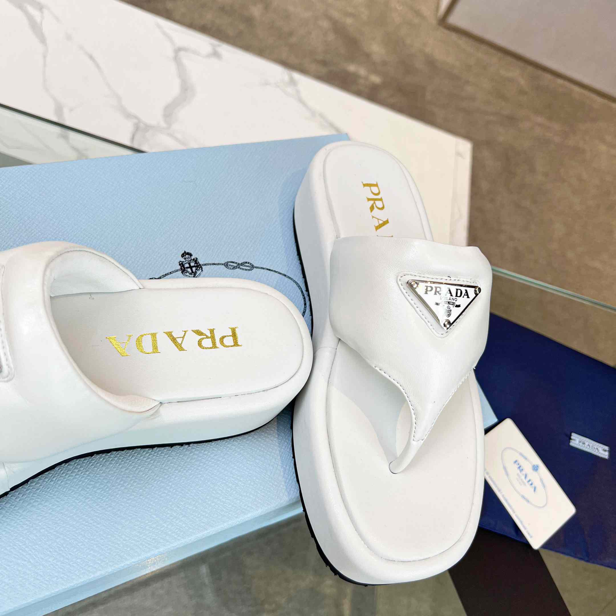 Prada Soft Padded Nappa Leather Thong Wedge Sandals - PerfectKickZ