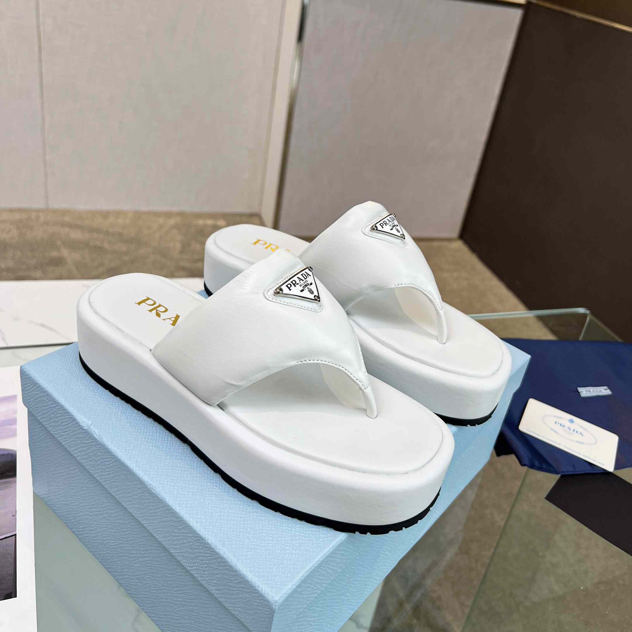 Prada Soft Padded Nappa Leather Thong Wedge Sandals - PerfectKickZ