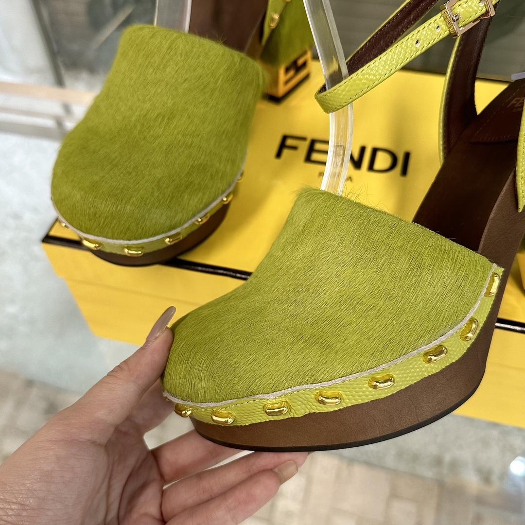Fendi Baguette Show Green Pony Hair High-heeled Clogs - PerfectKickZ