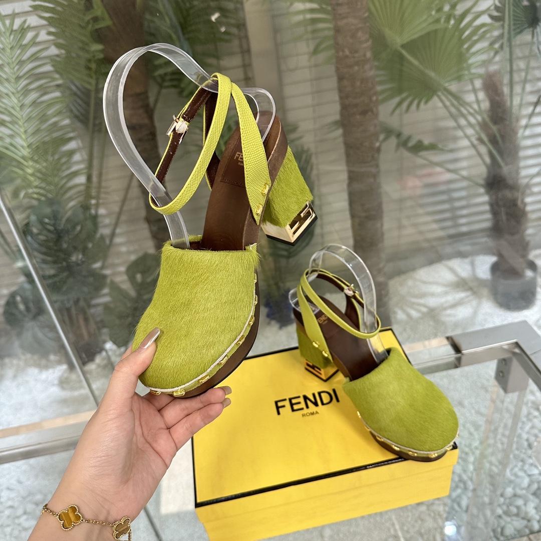 Fendi Baguette Show Green Pony Hair High-heeled Clogs - PerfectKickZ