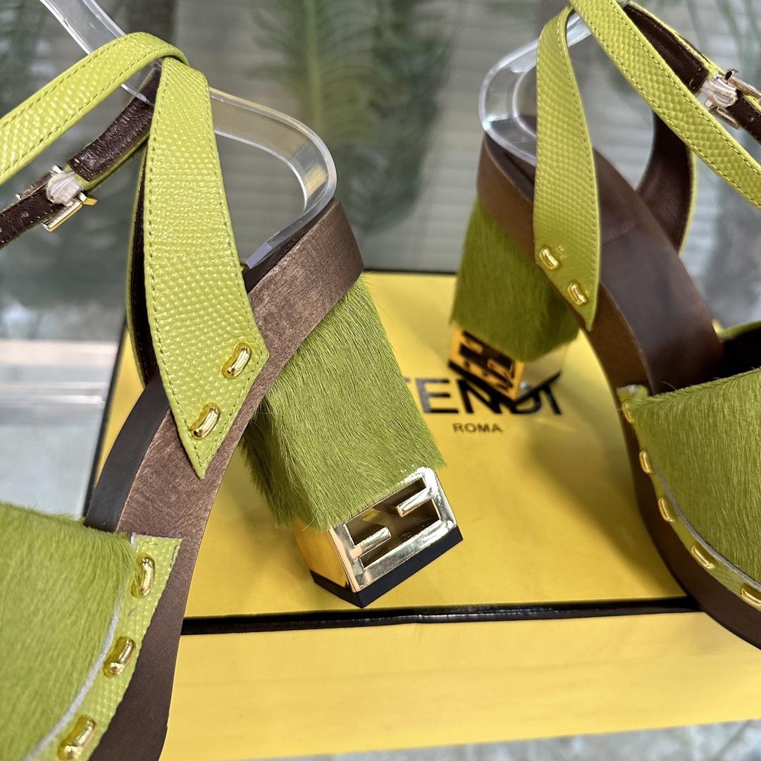 Fendi Baguette Show Green Pony Hair High-heeled Clogs - PerfectKickZ