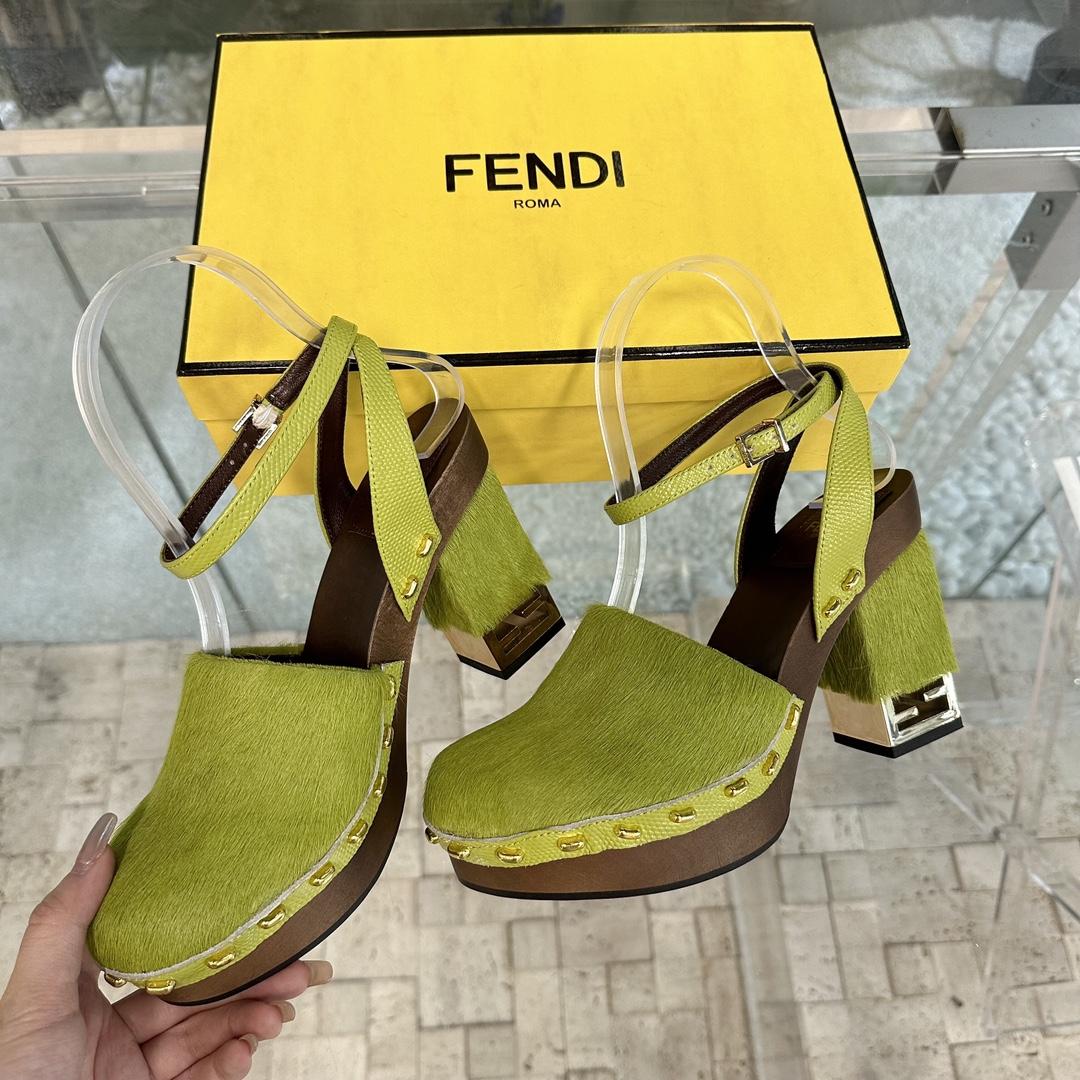 Fendi Baguette Show Green Pony Hair High-heeled Clogs - PerfectKickZ