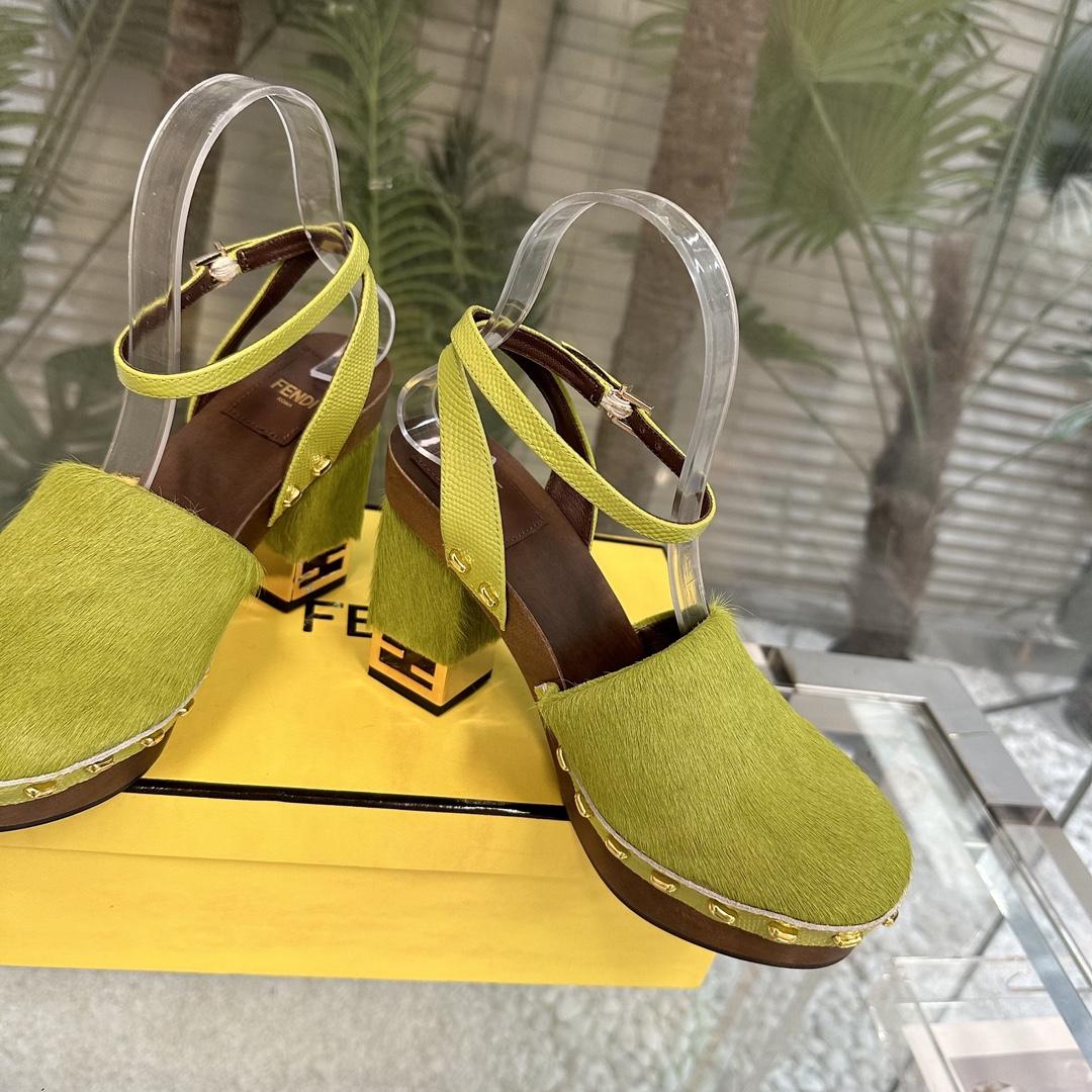 Fendi Baguette Show Green Pony Hair High-heeled Clogs - PerfectKickZ