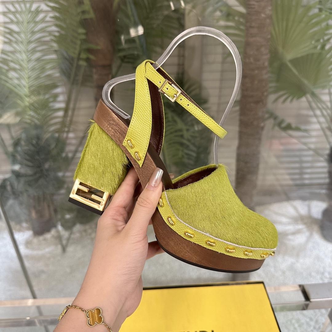 Fendi Baguette Show Green Pony Hair High-heeled Clogs - PerfectKickZ