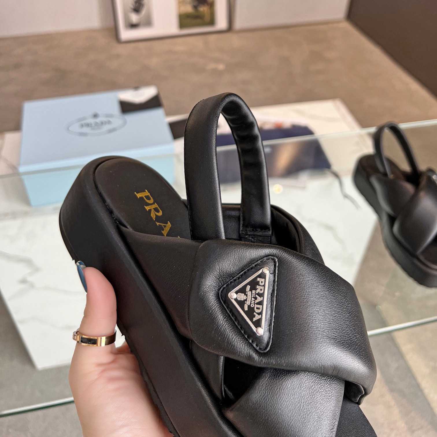 Prada Soft Padded Nappa Leather Wedge Sandals - PerfectKickZ