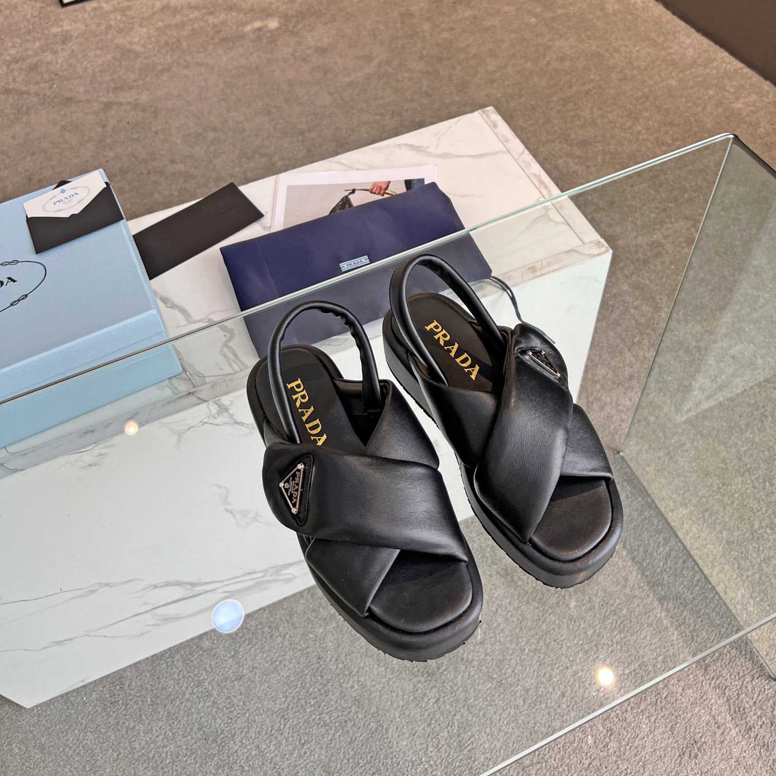 Prada Soft Padded Nappa Leather Wedge Sandals - PerfectKickZ