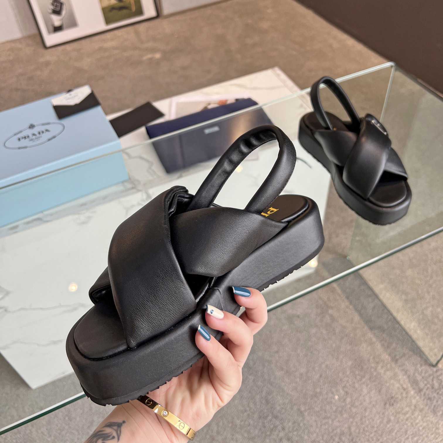 Prada Soft Padded Nappa Leather Wedge Sandals - PerfectKickZ