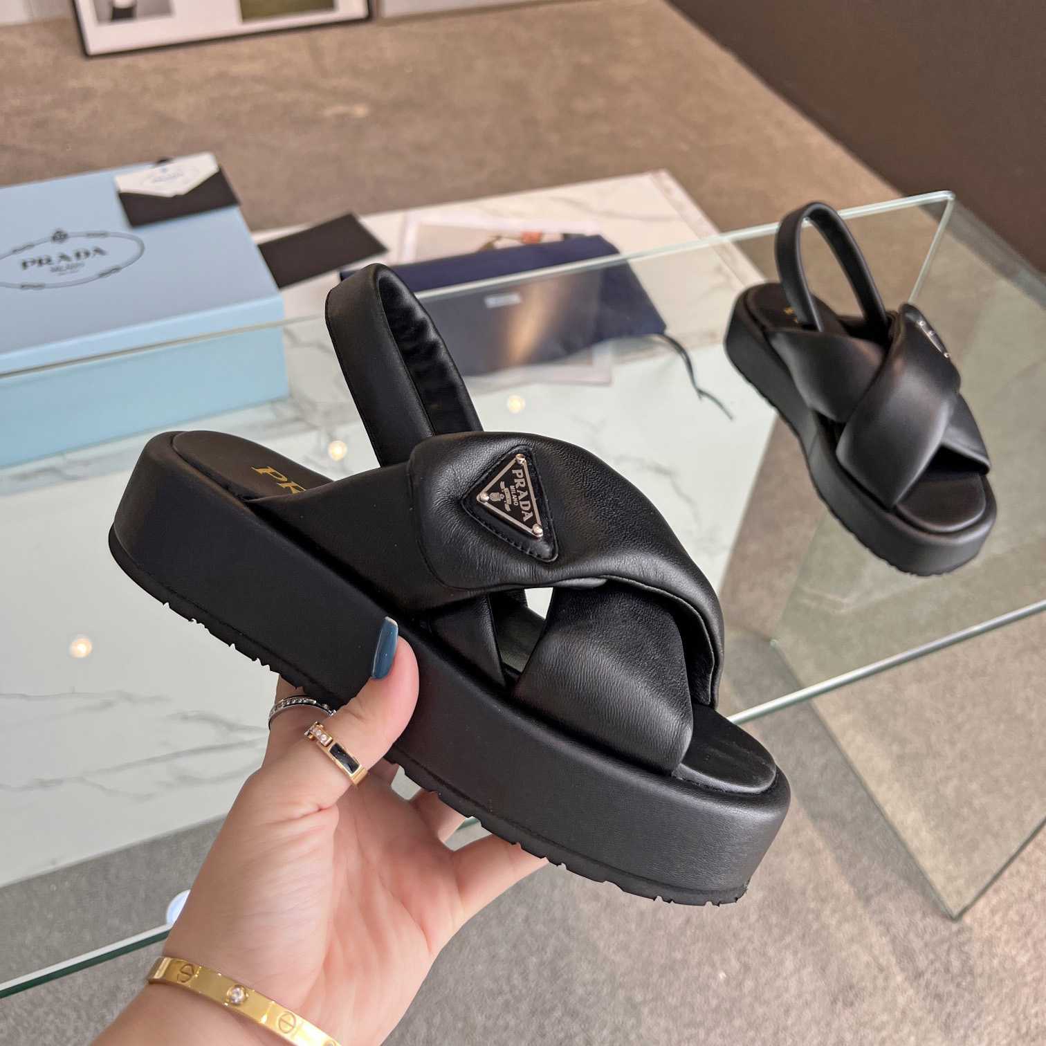 Prada Soft Padded Nappa Leather Wedge Sandals - PerfectKickZ