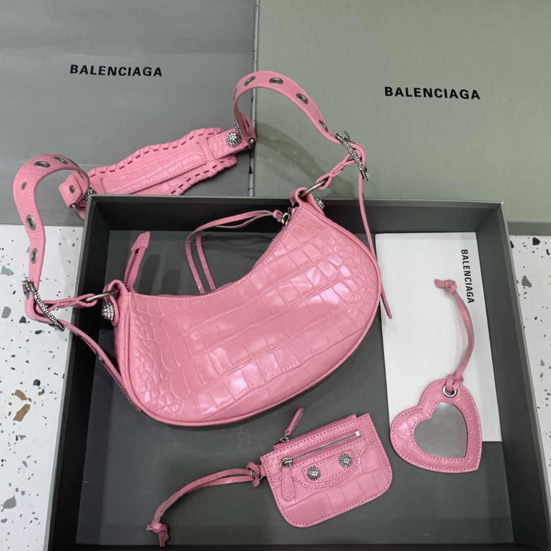 Balenciaga Le Cagole Small Shoulder Bag Crocodile Embossed In Pink - PerfectKickZ