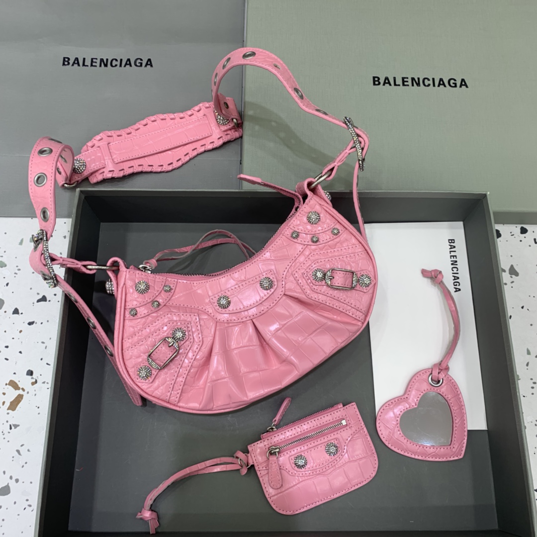 Balenciaga Le Cagole Small Shoulder Bag Crocodile Embossed In Pink - PerfectKickZ