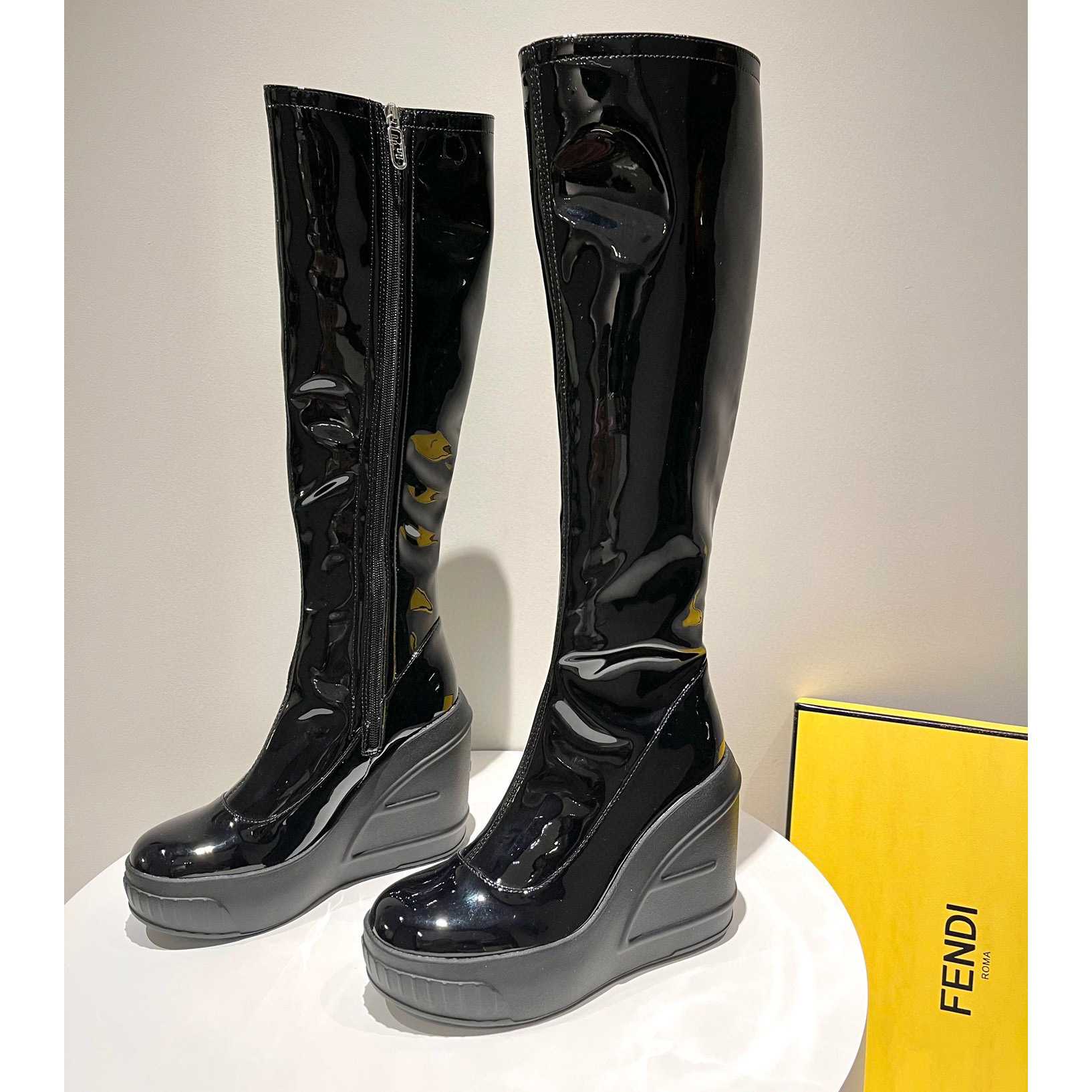 Fendi Fashion Show Black Patent Leather Boots - PerfectKickZ
