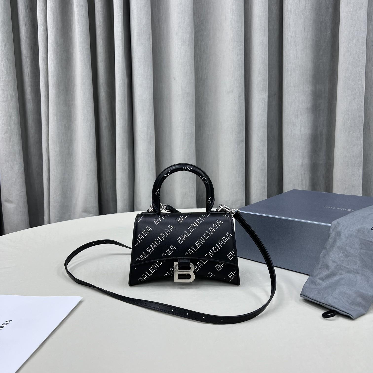 Balenciaga Women's Hourglass XS Handbag With Rhinestones In Black - PerfectKickZ