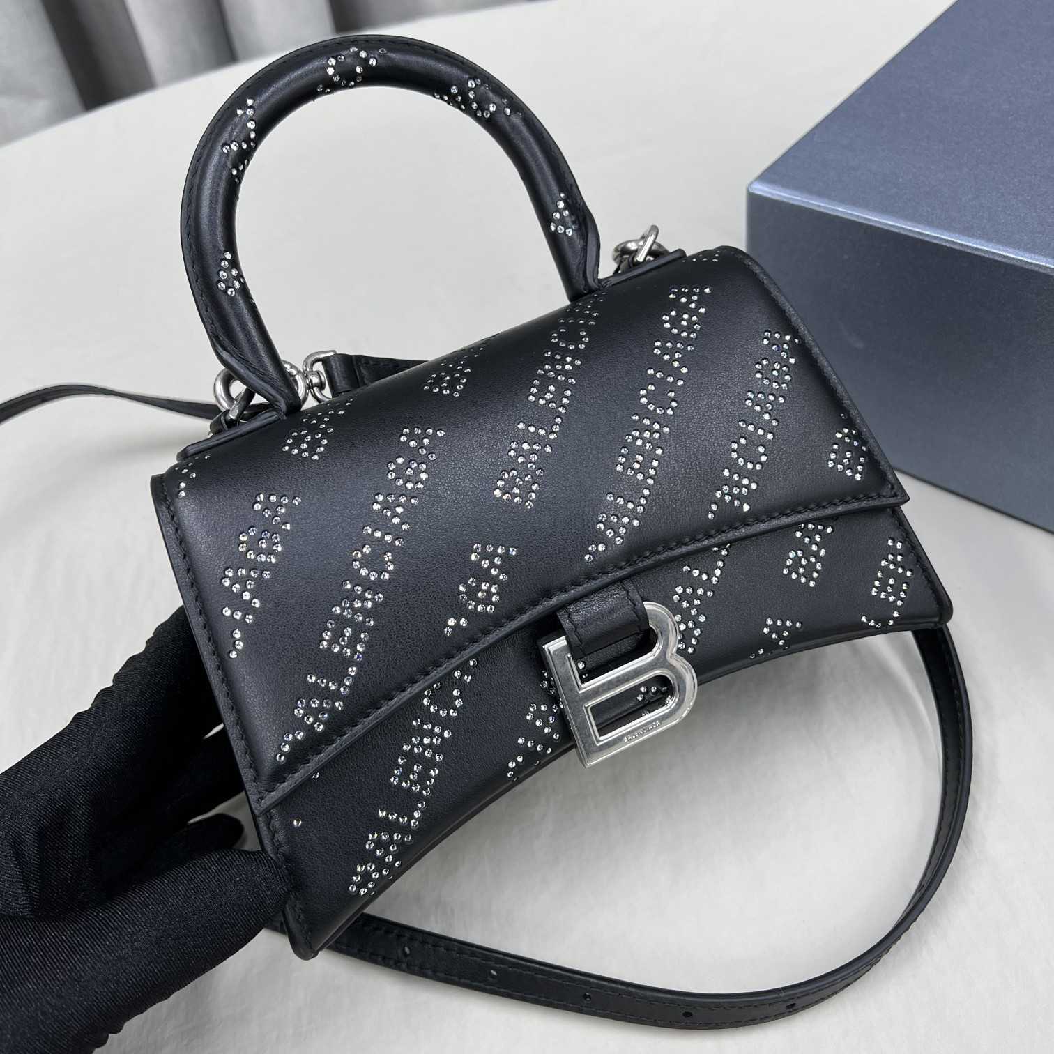 Balenciaga Women's Hourglass XS Handbag With Rhinestones In Black - PerfectKickZ