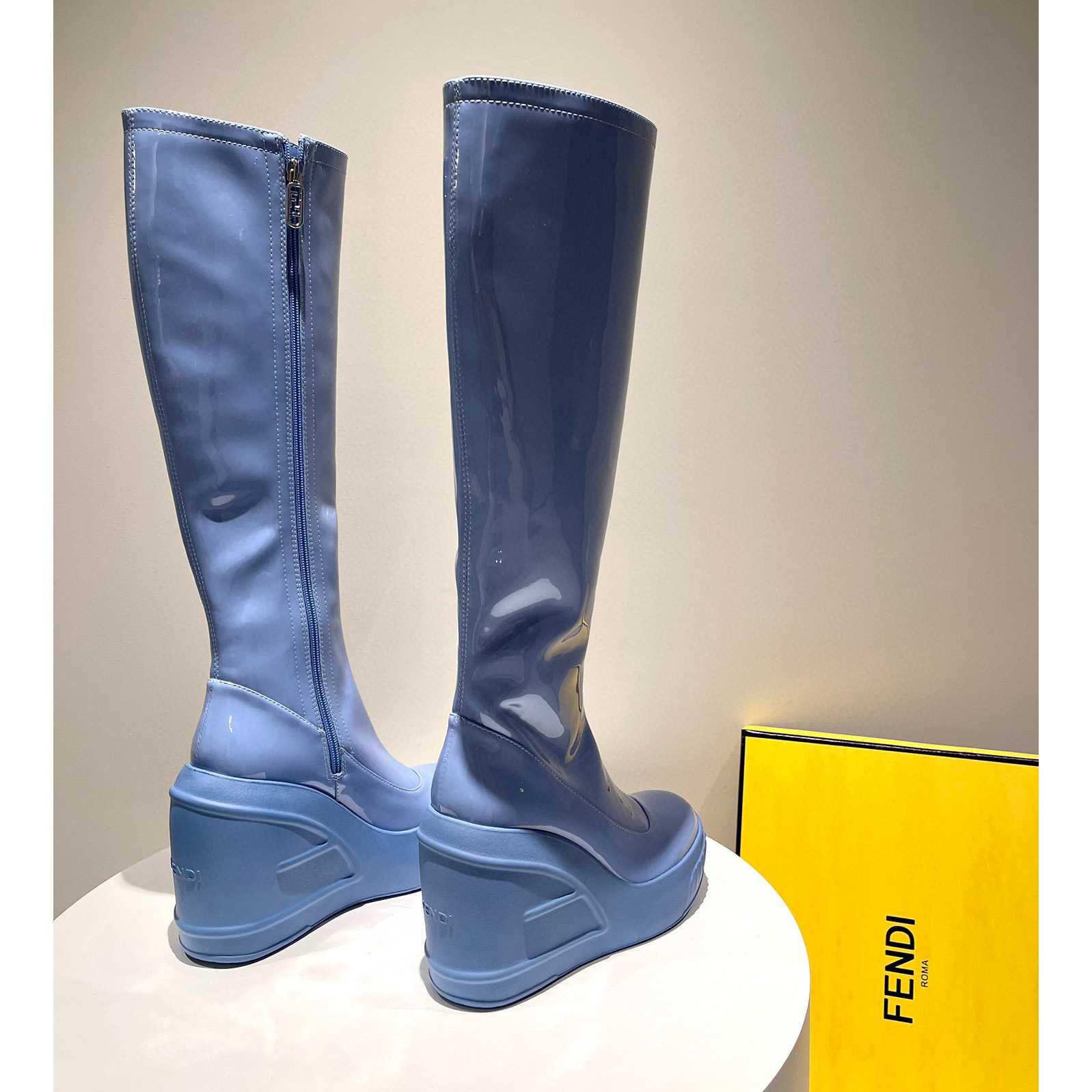 Fendi Fashion Show Blue Patent Leather Boots - PerfectKickZ
