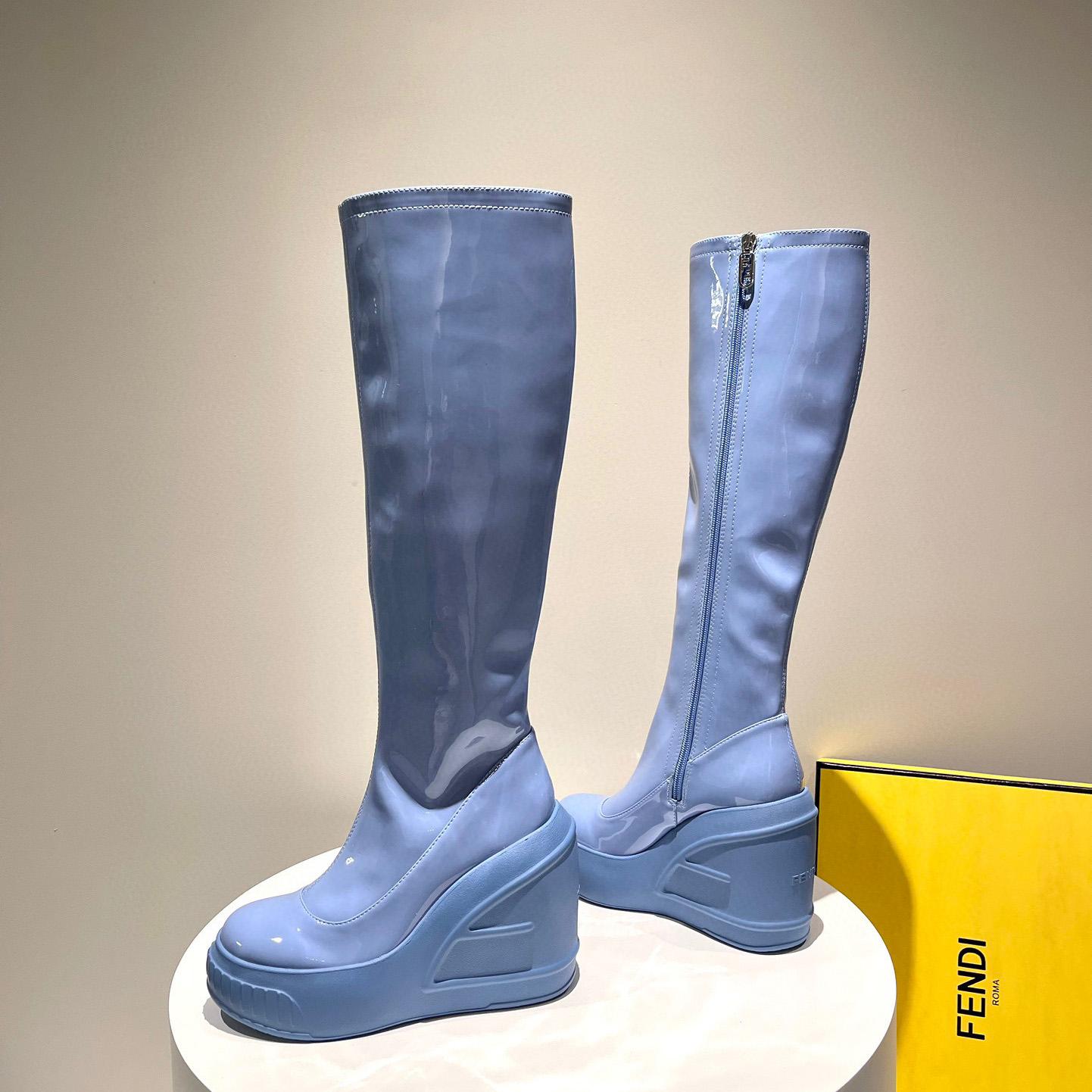 Fendi Fashion Show Blue Patent Leather Boots - PerfectKickZ