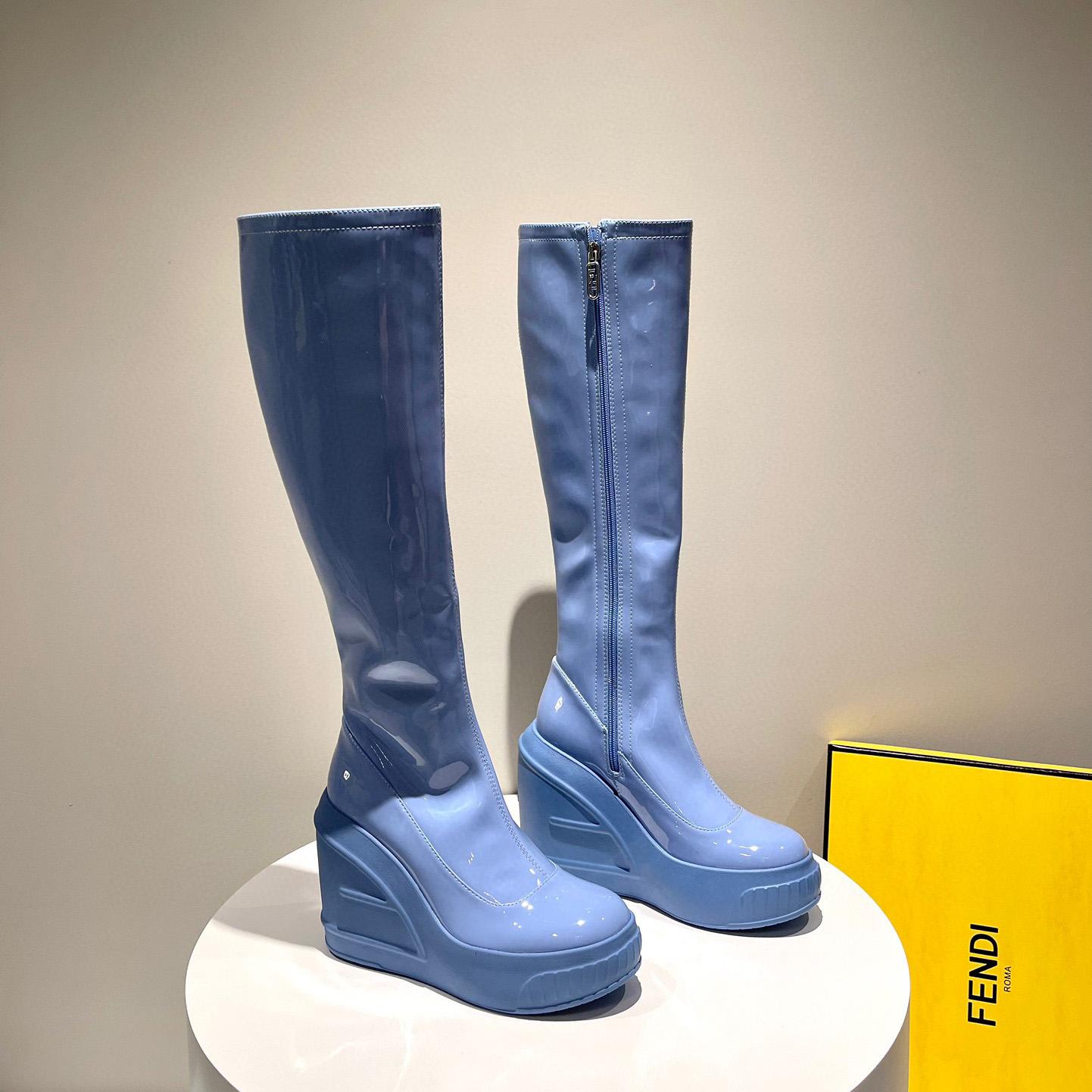 Fendi Fashion Show Blue Patent Leather Boots - PerfectKickZ