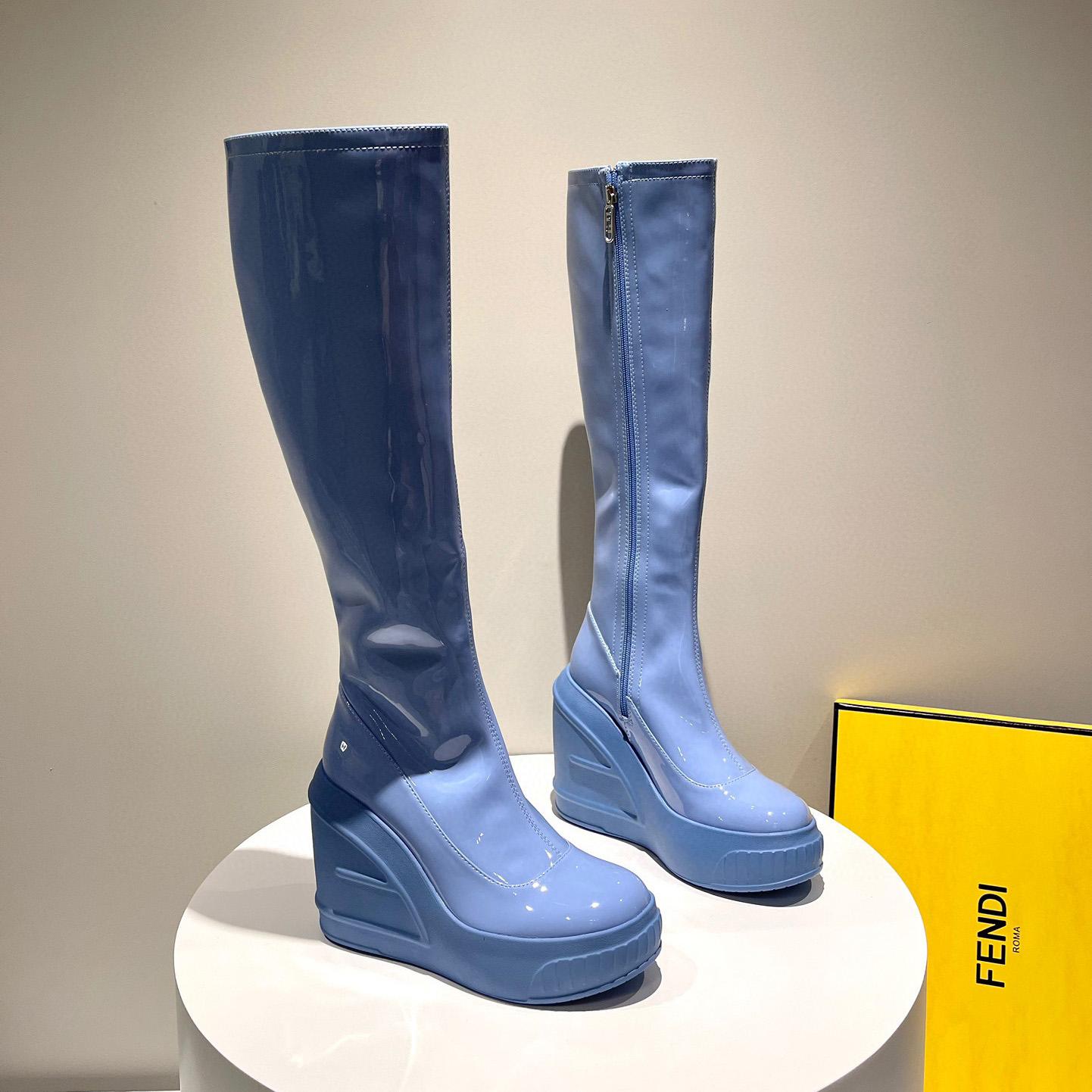 Fendi Fashion Show Blue Patent Leather Boots - PerfectKickZ