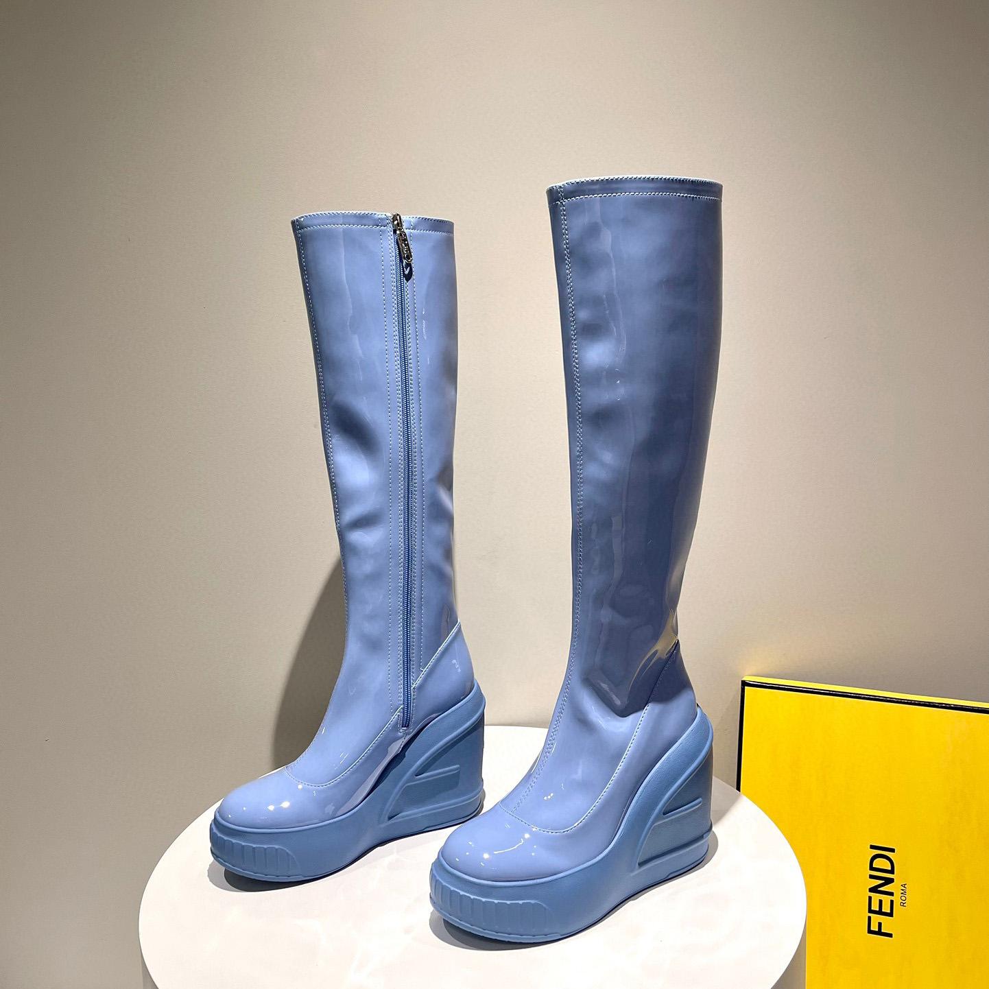 Fendi Fashion Show Blue Patent Leather Boots - PerfectKickZ