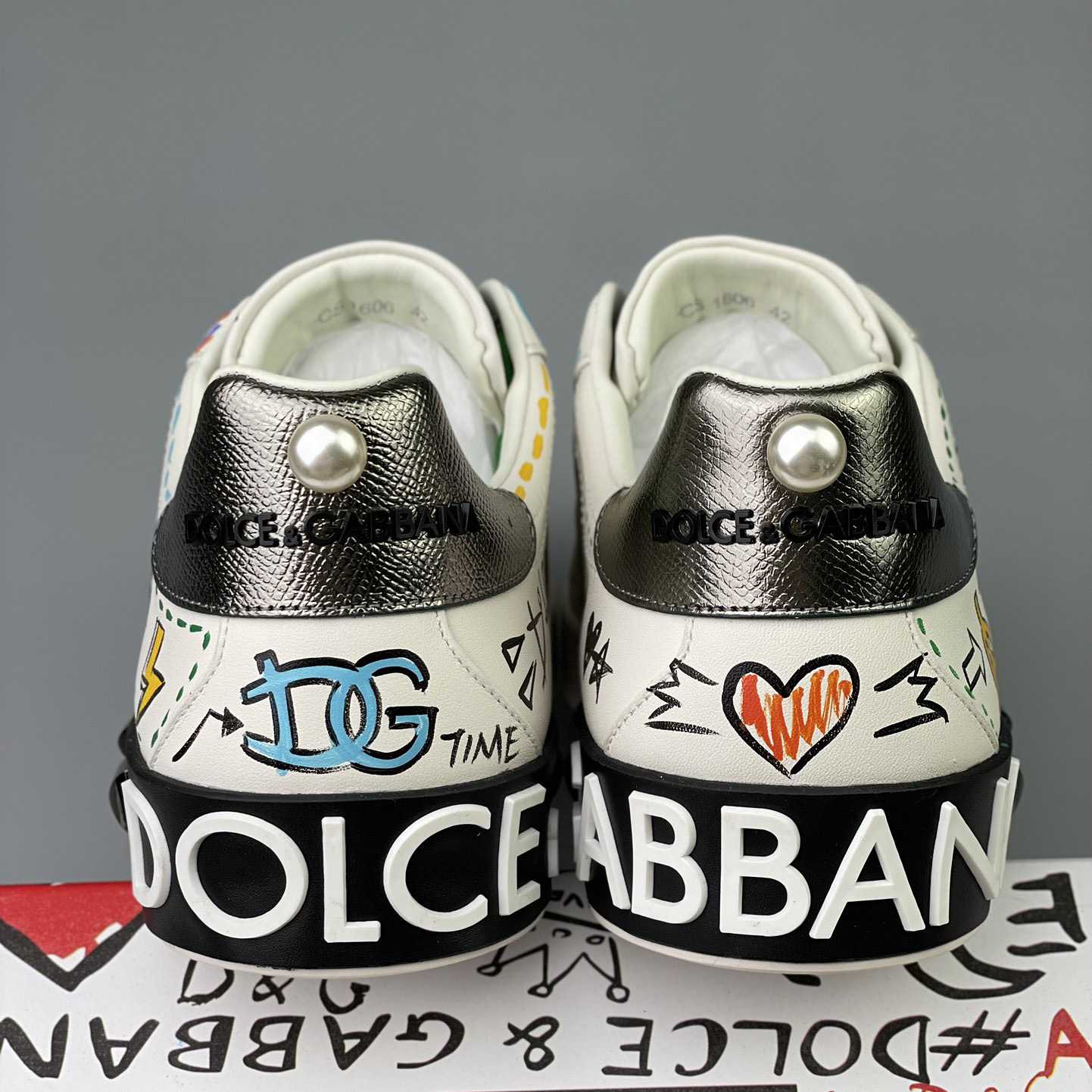 Dolce & Gabbana Calfskin Portofino Sneakers With Embroidery And Studs - PerfectKickZ
