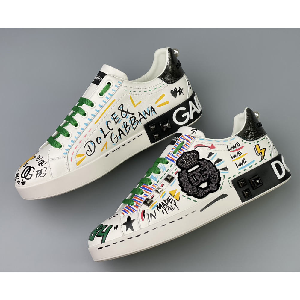 Dolce & Gabbana Calfskin Portofino Sneakers With Embroidery And Studs - PerfectKickZ