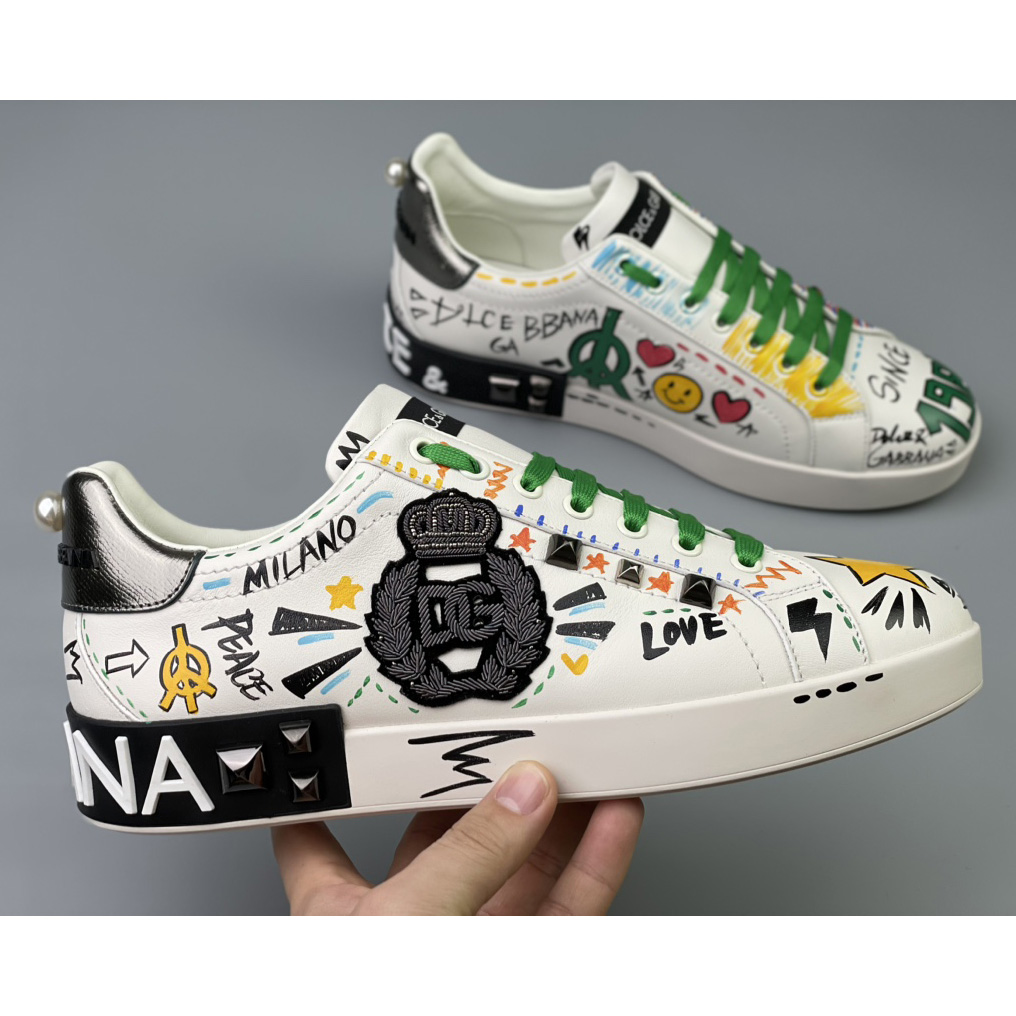 Dolce & Gabbana Calfskin Portofino Sneakers With Embroidery And Studs - PerfectKickZ