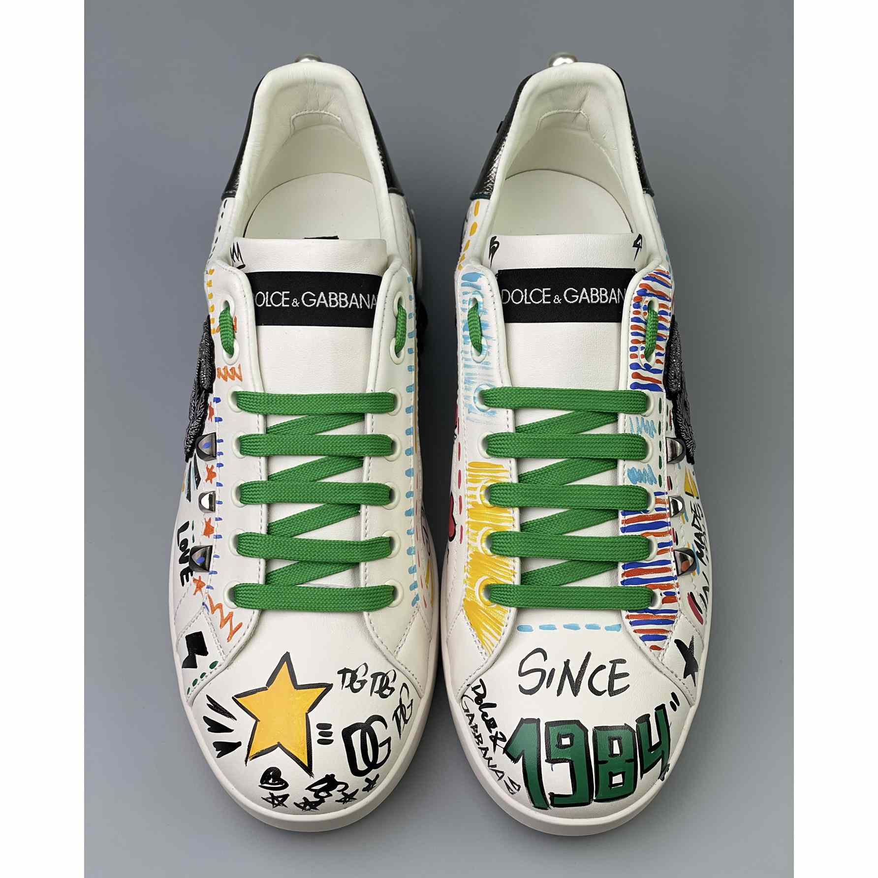 Dolce & Gabbana Calfskin Portofino Sneakers With Embroidery And Studs - PerfectKickZ