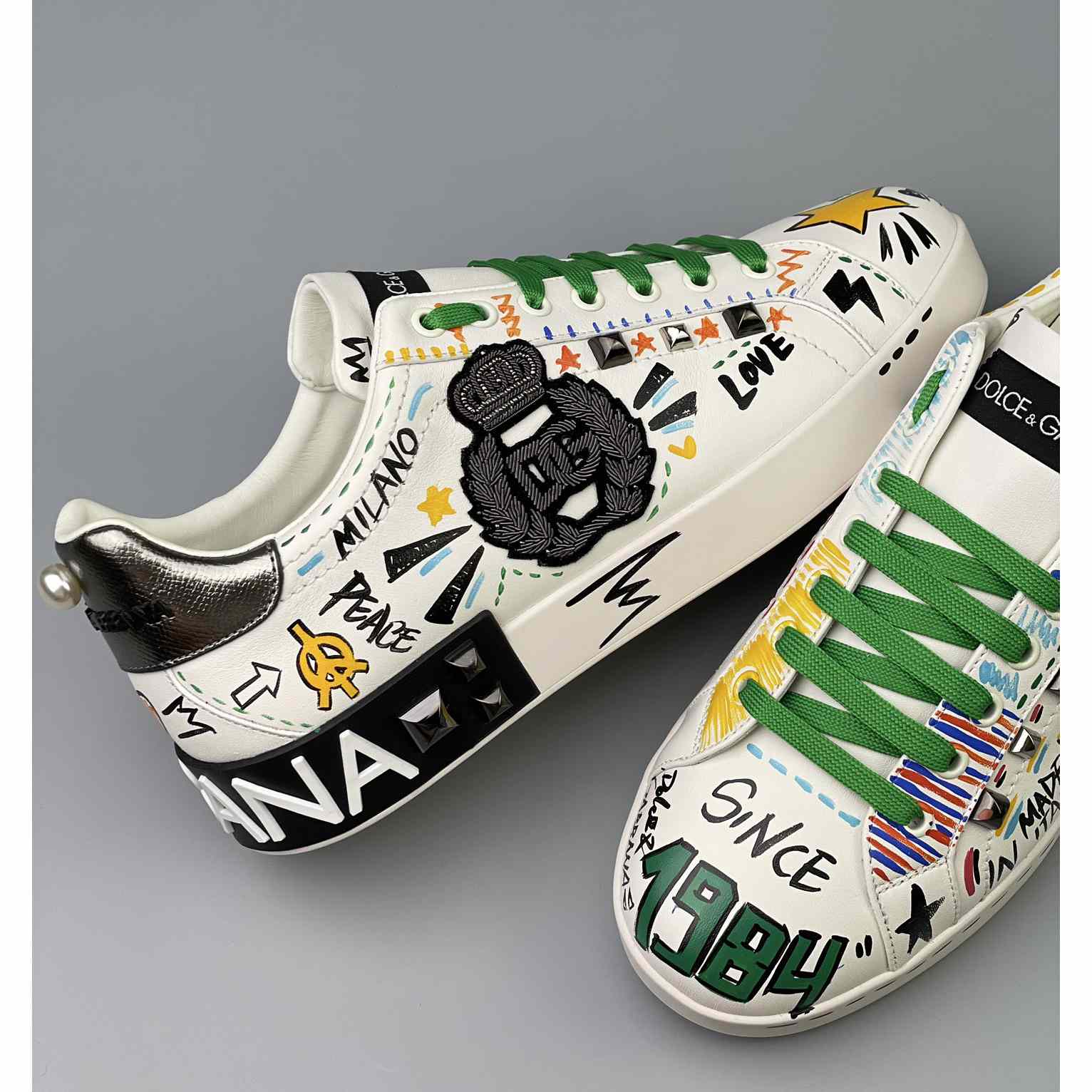 Dolce & Gabbana Calfskin Portofino Sneakers With Embroidery And Studs - PerfectKickZ