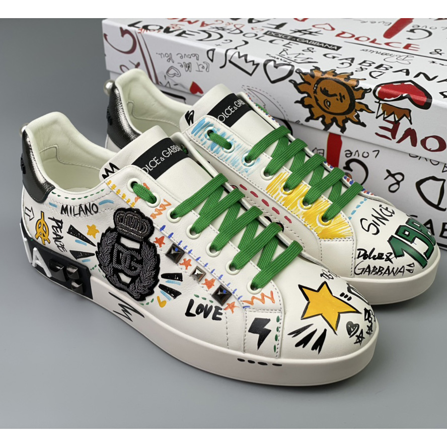 Dolce & Gabbana Calfskin Portofino Sneakers With Embroidery And Studs - PerfectKickZ