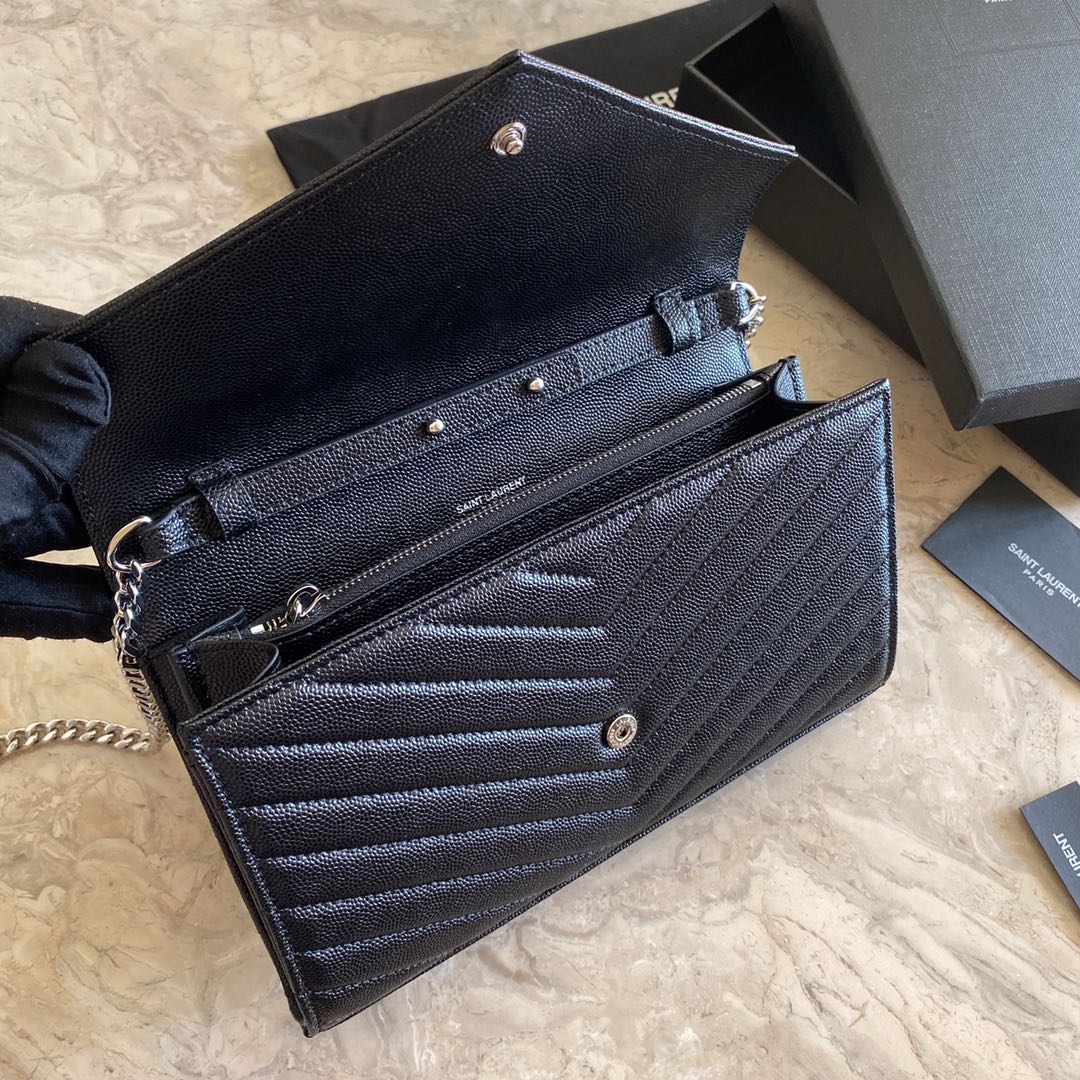 Saint Laurent Cassandre Matelasse Envelope Chain Wallet In Grain De Poudre Embossed Leather - PerfectKickZ