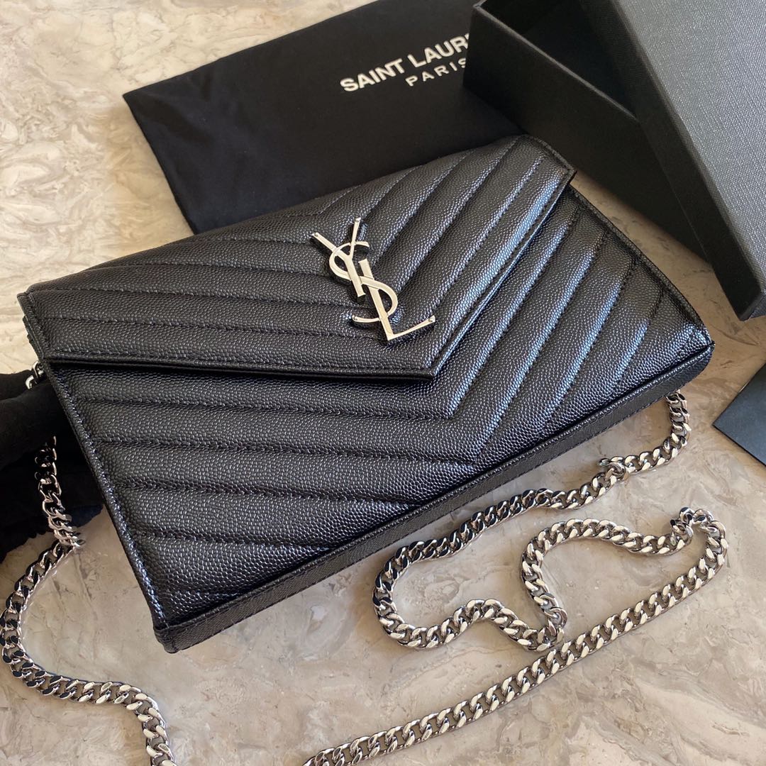 Saint Laurent Cassandre Matelasse Envelope Chain Wallet In Grain De Poudre Embossed Leather - PerfectKickZ