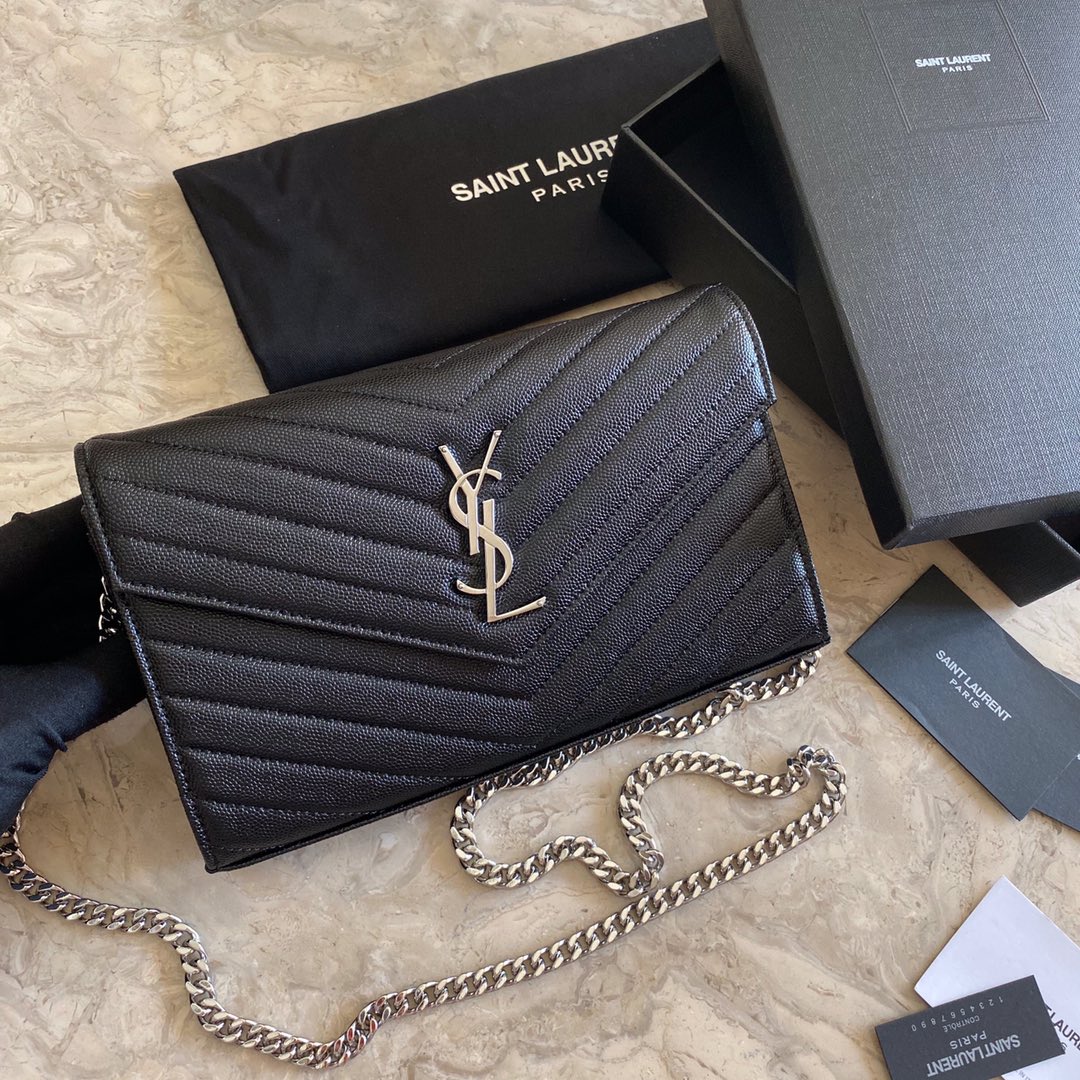 Saint Laurent Cassandre Matelasse Envelope Chain Wallet In Grain De Poudre Embossed Leather - PerfectKickZ