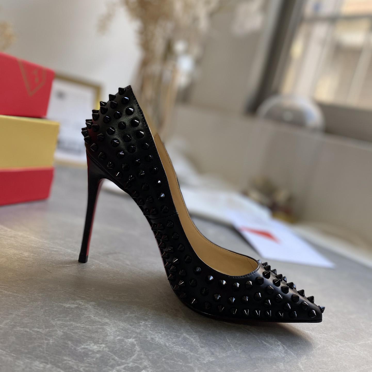 Christian Louboutin Black Patent Leather Pigalle Spikes Pumps   85mm - PerfectKickZ