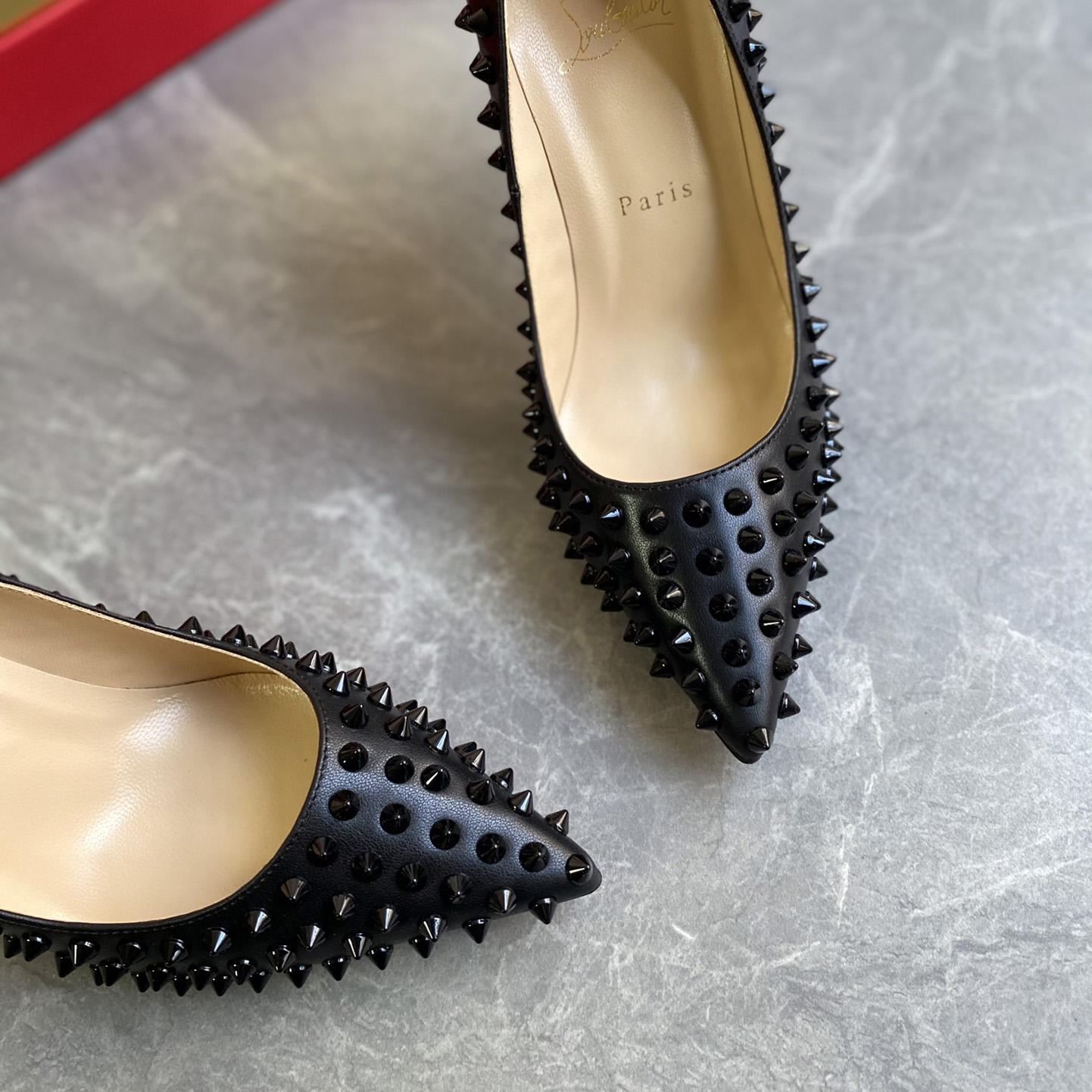 Christian Louboutin Black Patent Leather Pigalle Spikes Pumps   85mm - PerfectKickZ