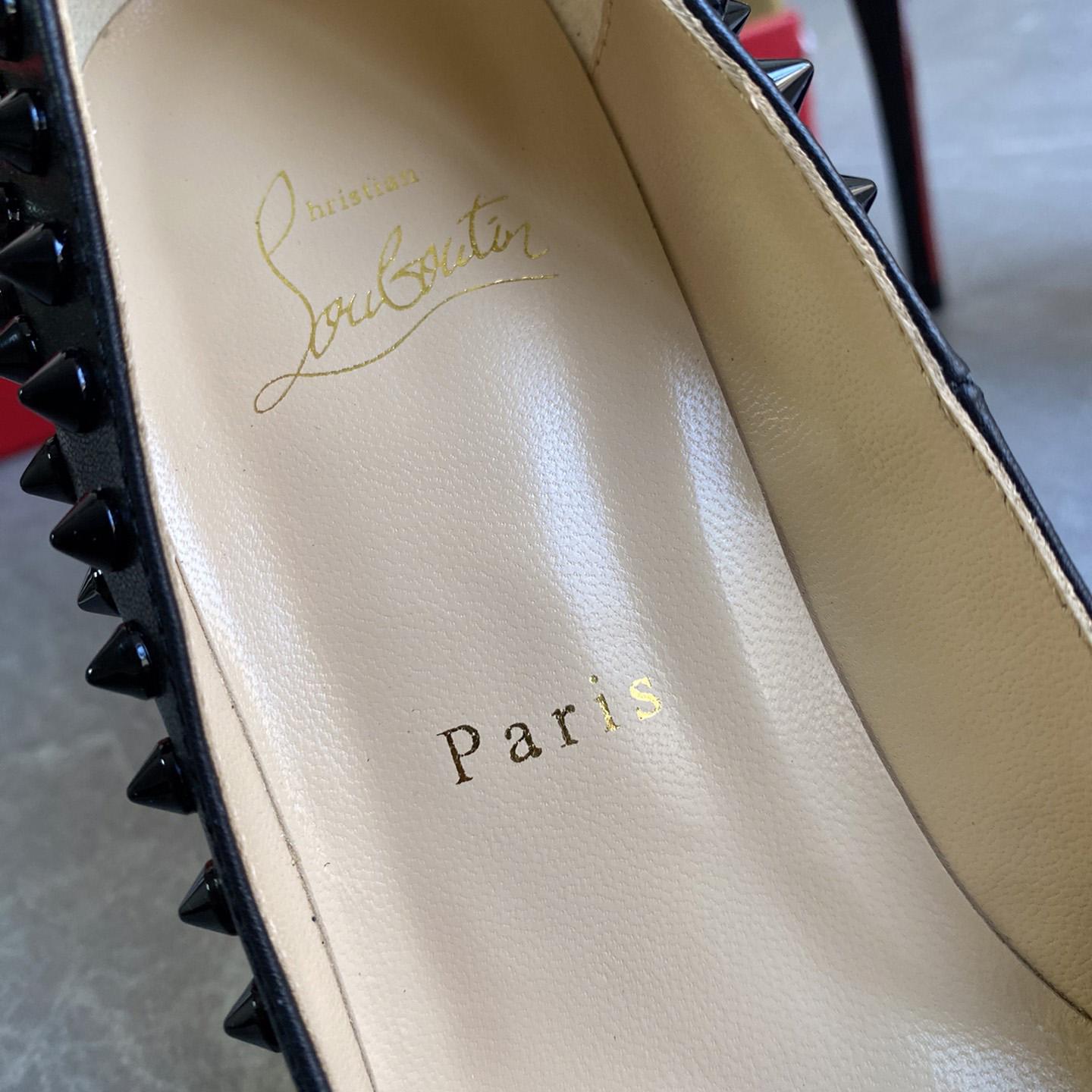 Christian Louboutin Black Patent Leather Pigalle Spikes Pumps   85mm - PerfectKickZ