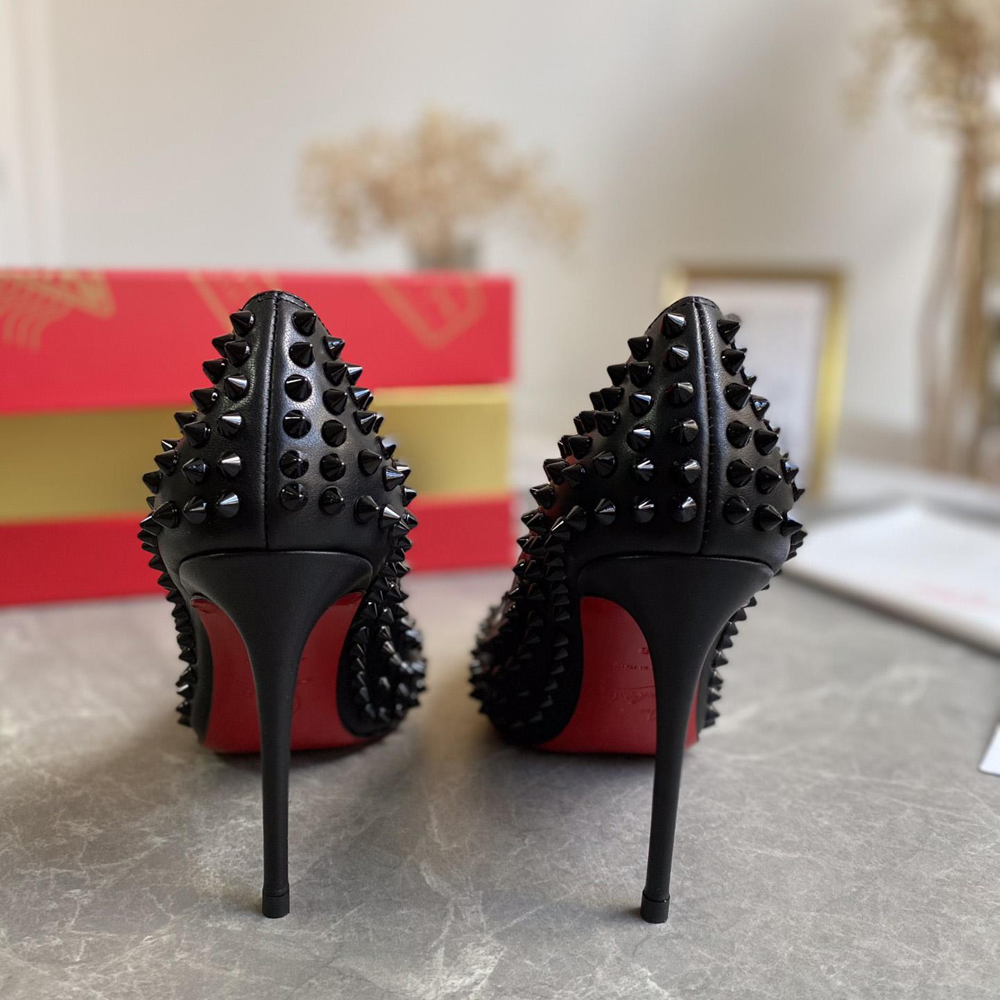 Christian Louboutin Black Patent Leather Pigalle Spikes Pumps   85mm - PerfectKickZ