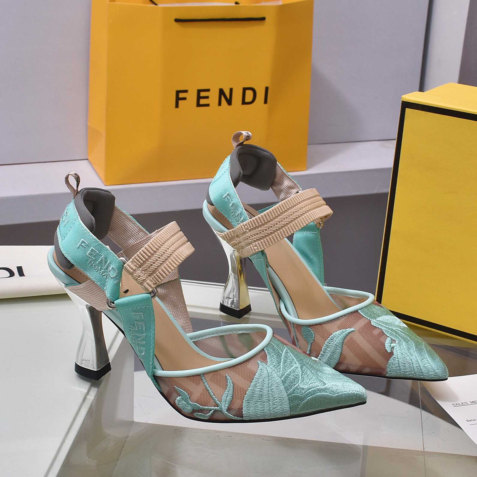 Fendi Colibrì Beige Mesh High-heeled Slingbacks - PerfectKickZ