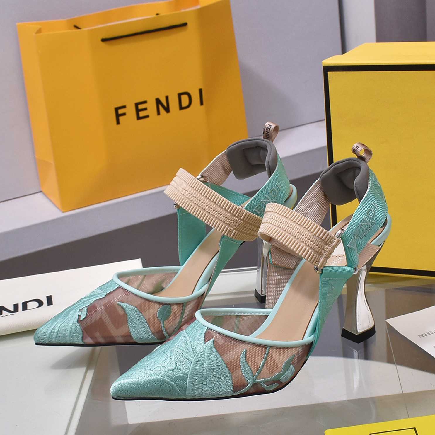 Fendi Colibrì Beige Mesh High-heeled Slingbacks - PerfectKickZ