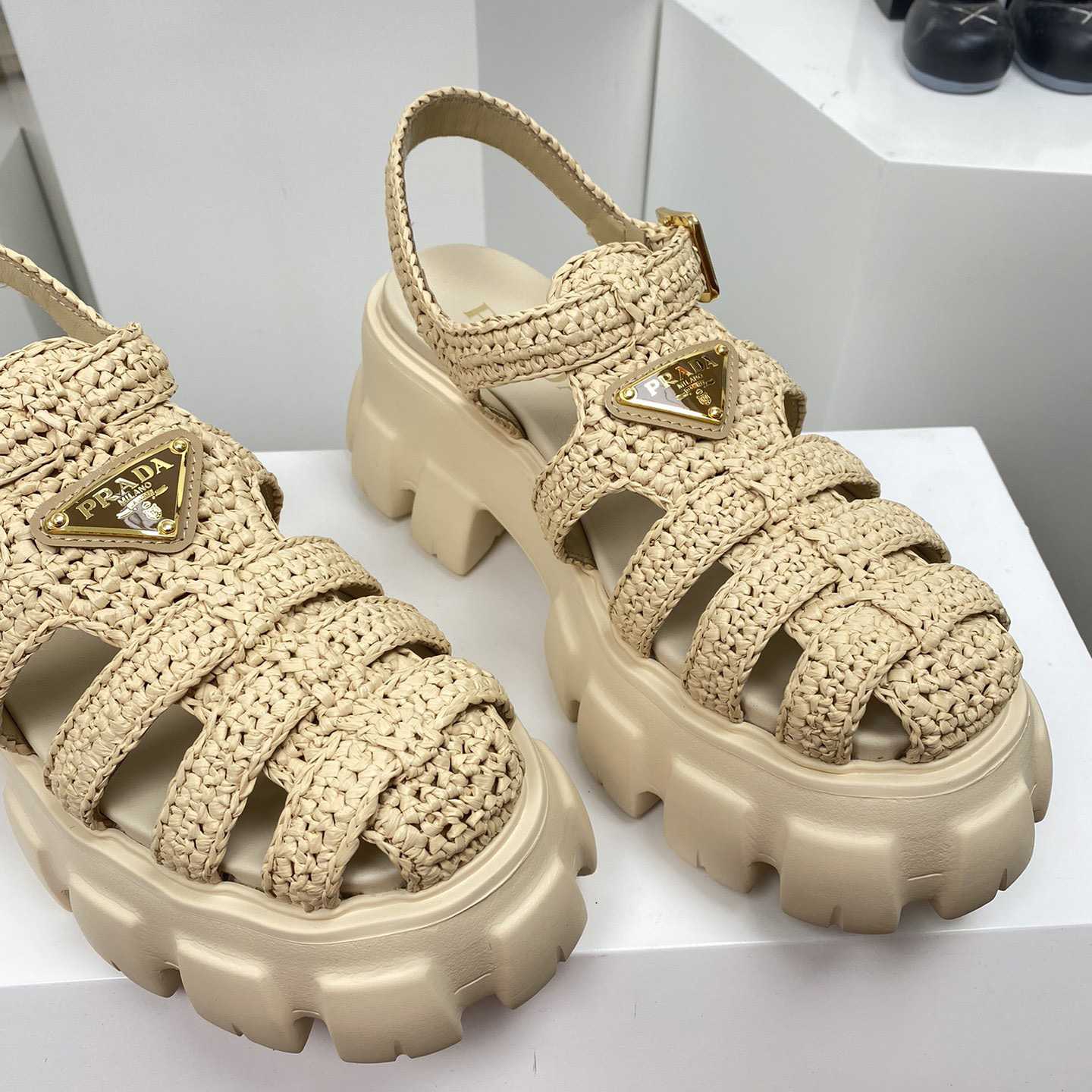 Prada Monolith Crochet Cage Sandals - 