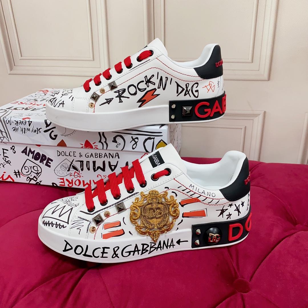 Dolce & Gabbana Calfskin Portofino Sneakers With Embroidery And Studs - PerfectKickZ