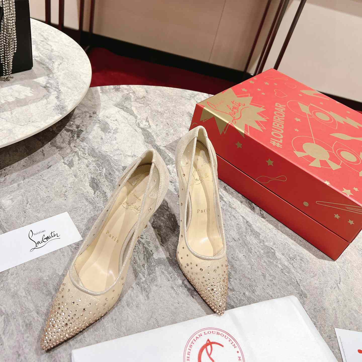 Christian Louboutin Follies Strass 85 mm Pumps - Irridescent Suede Calf, Net And Strass - Light Silk - PerfectKickZ